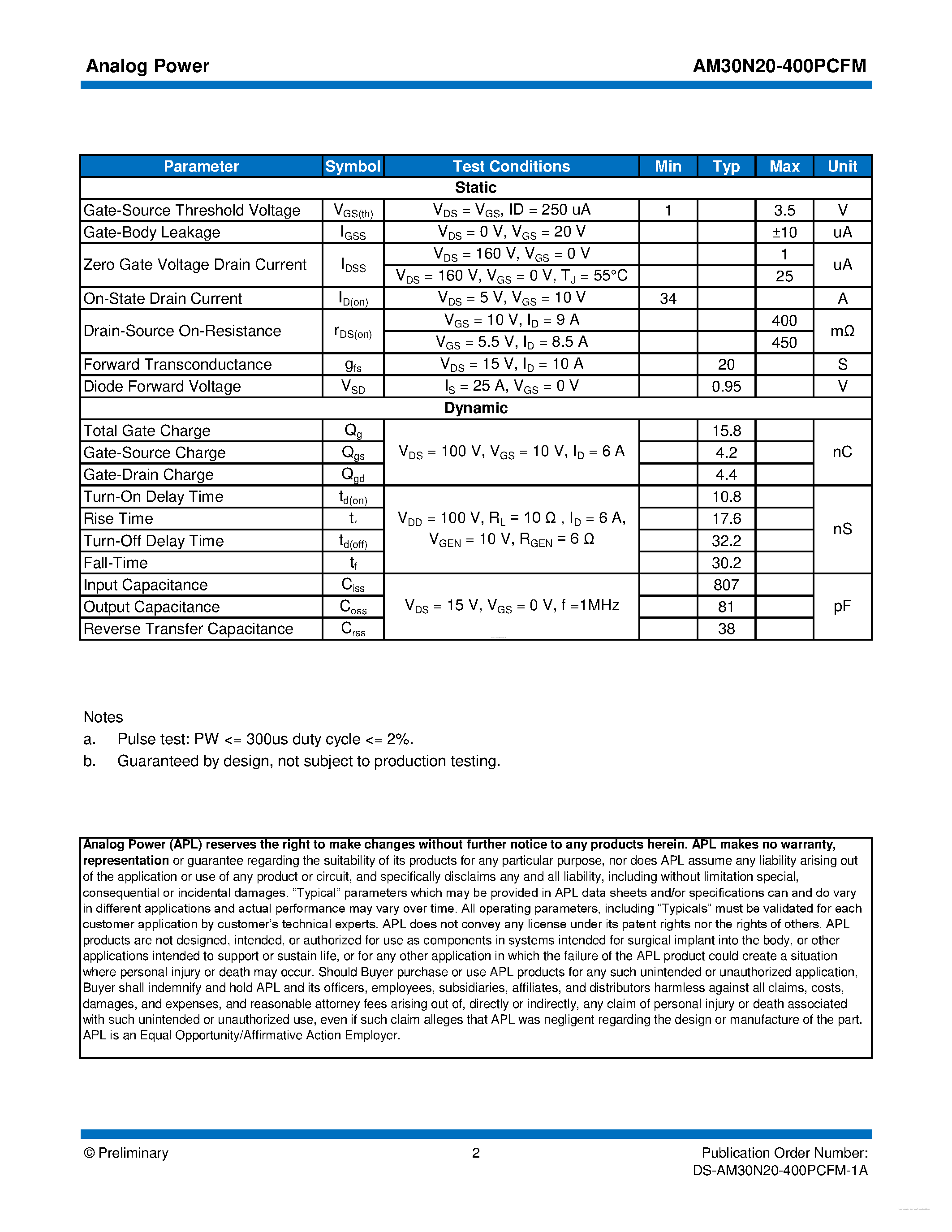 Datasheet AM30N20-400PCFM - MOSFET page 2