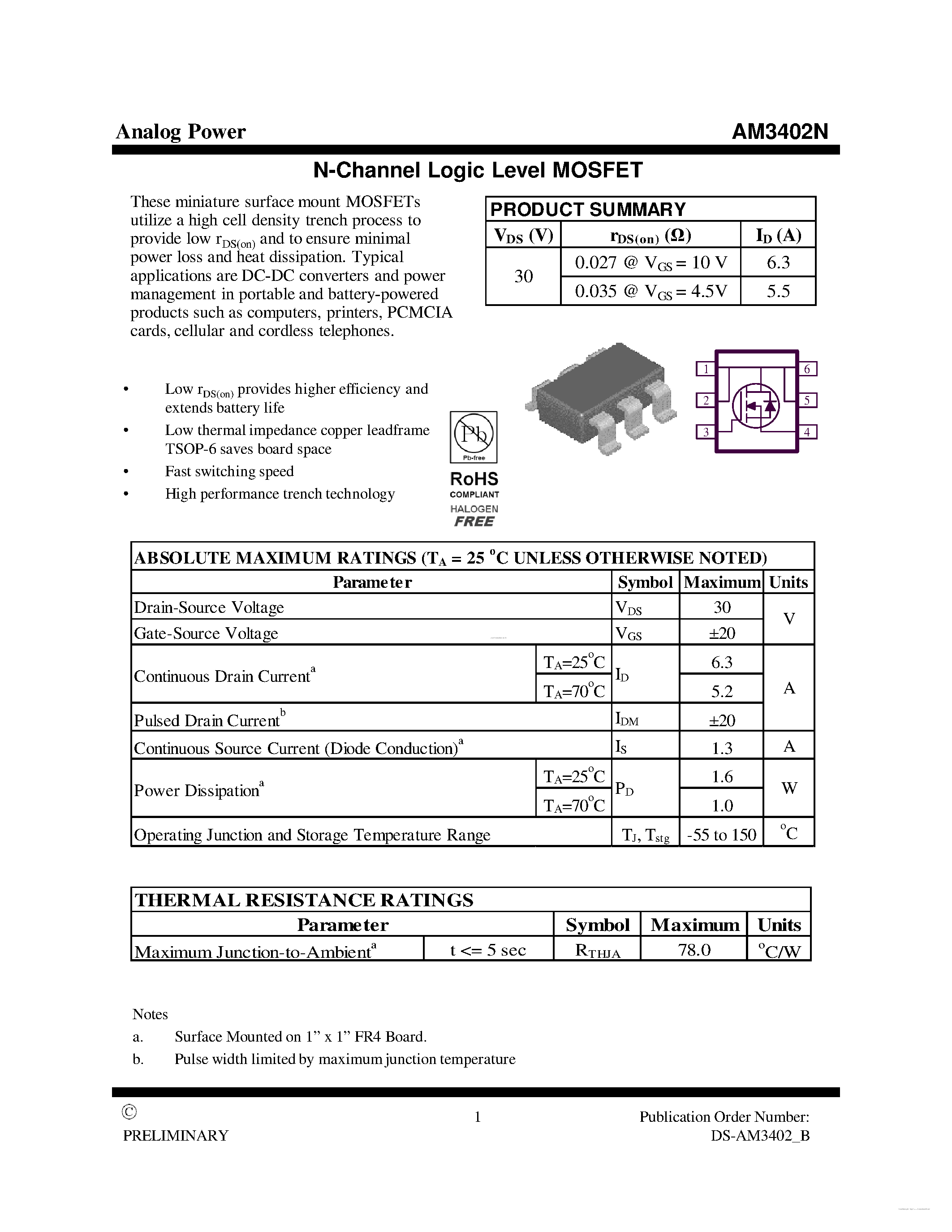 Datasheet AM3402N page 1 Datasheet AM3402N - MOSFET page 1