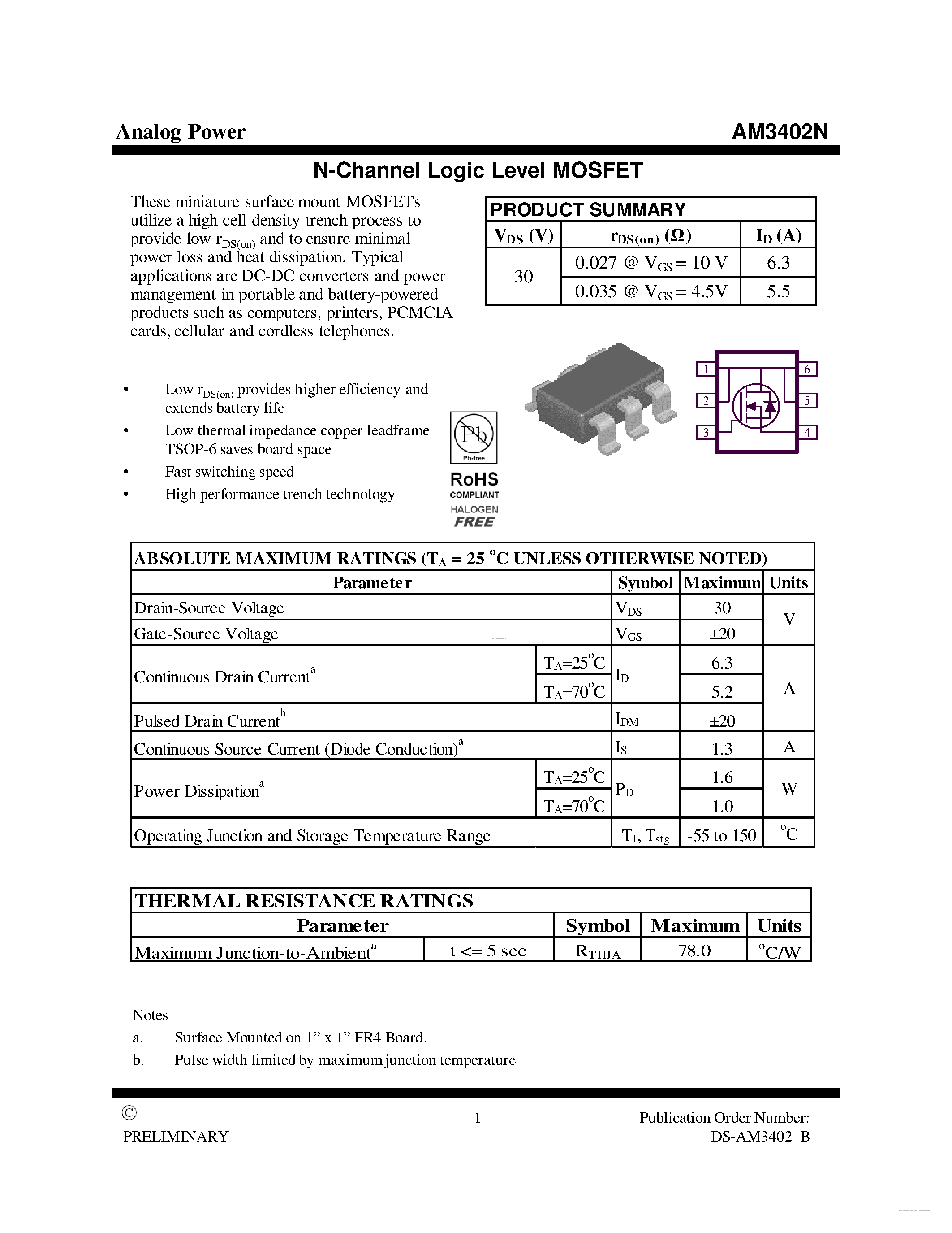 Datasheet AM3402N - MOSFET page 1