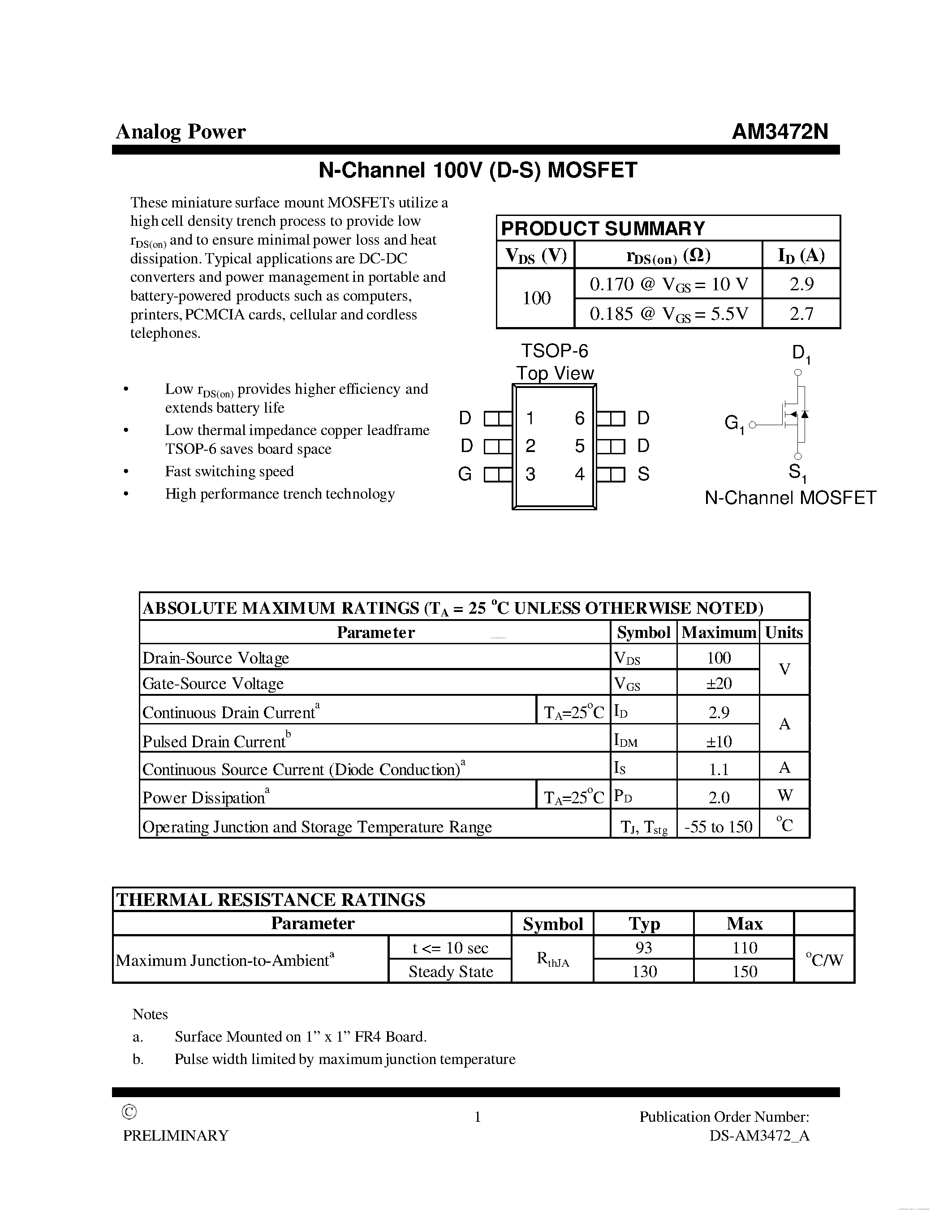 Datasheet AM3472N page 1 Datasheet AM3472N - MOSFET page 1