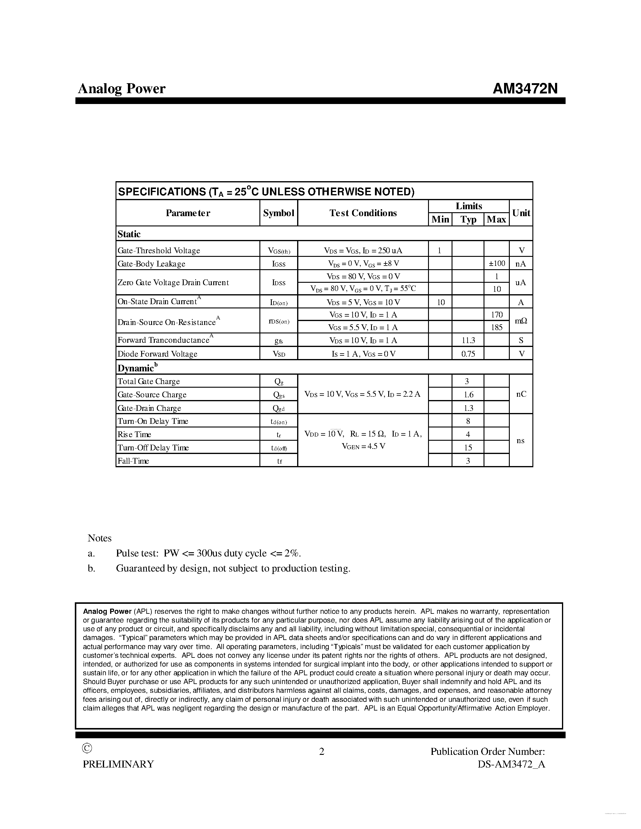 Datasheet AM3472N page 2 Datasheet AM3472N - MOSFET page 2