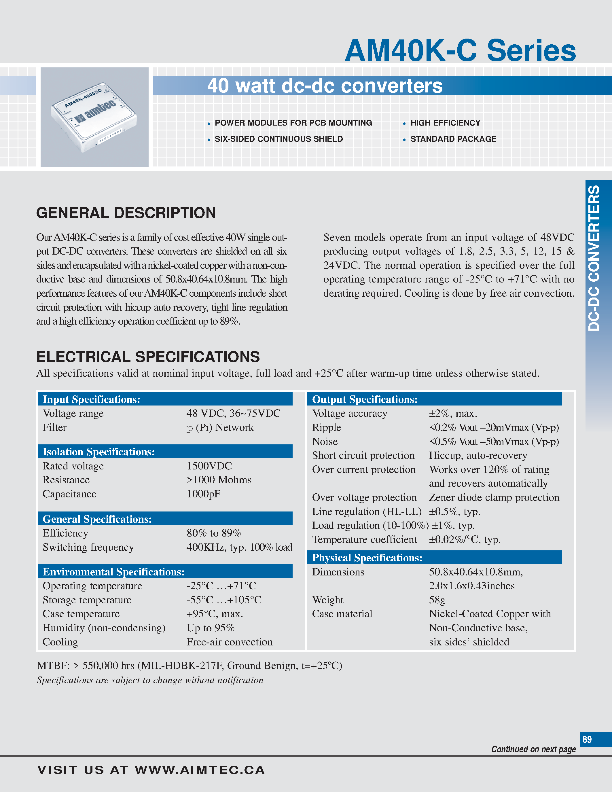 Datasheet AM40K-4801SC page 1 Datasheet AM40K-4801SC - 40 watt dc-dc converters page 1