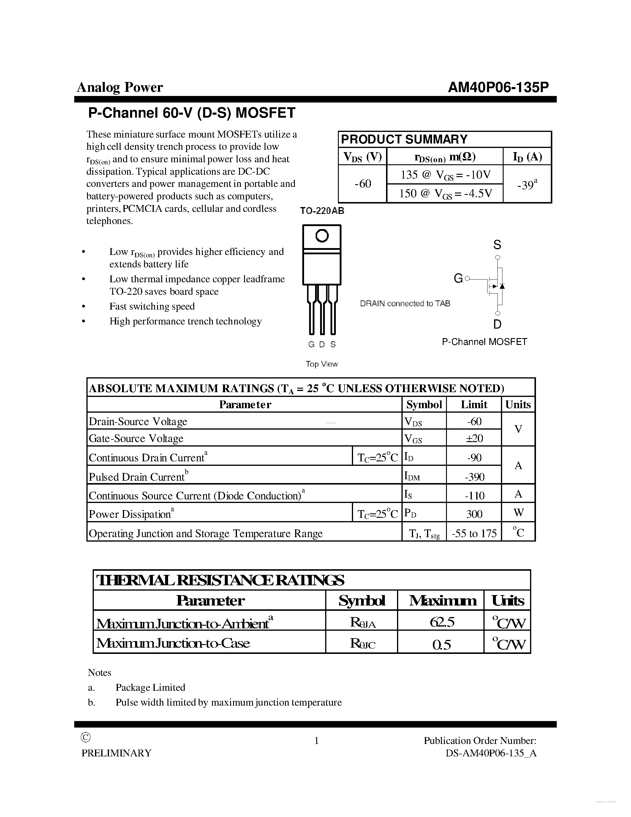 Datasheet AM40P06-135P - MOSFET page 1