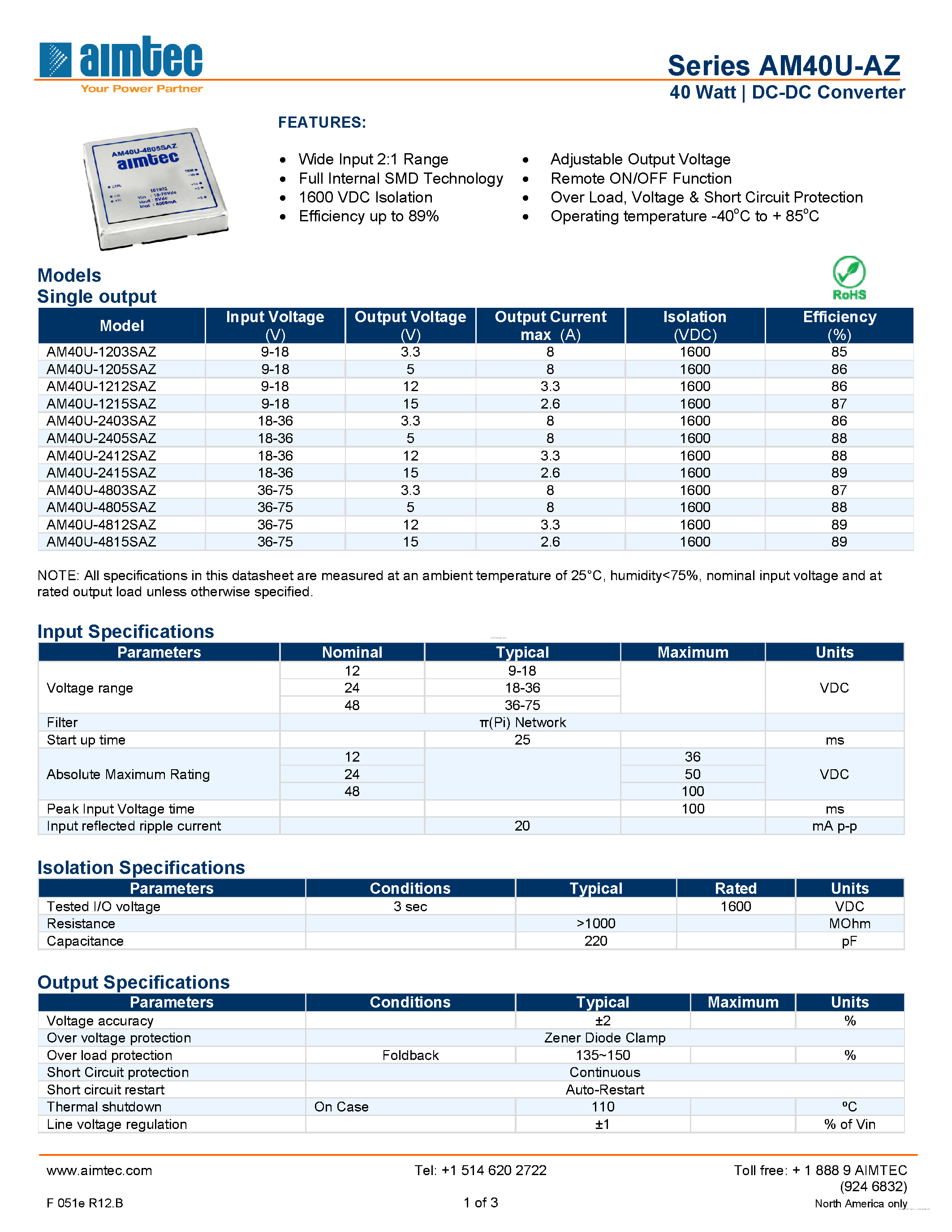 Даташит на микросхему AM40U-1203SAZ страница 1 Даташит AM40U-1203SAZ - 40 Watt DC-DC Converter страница 1