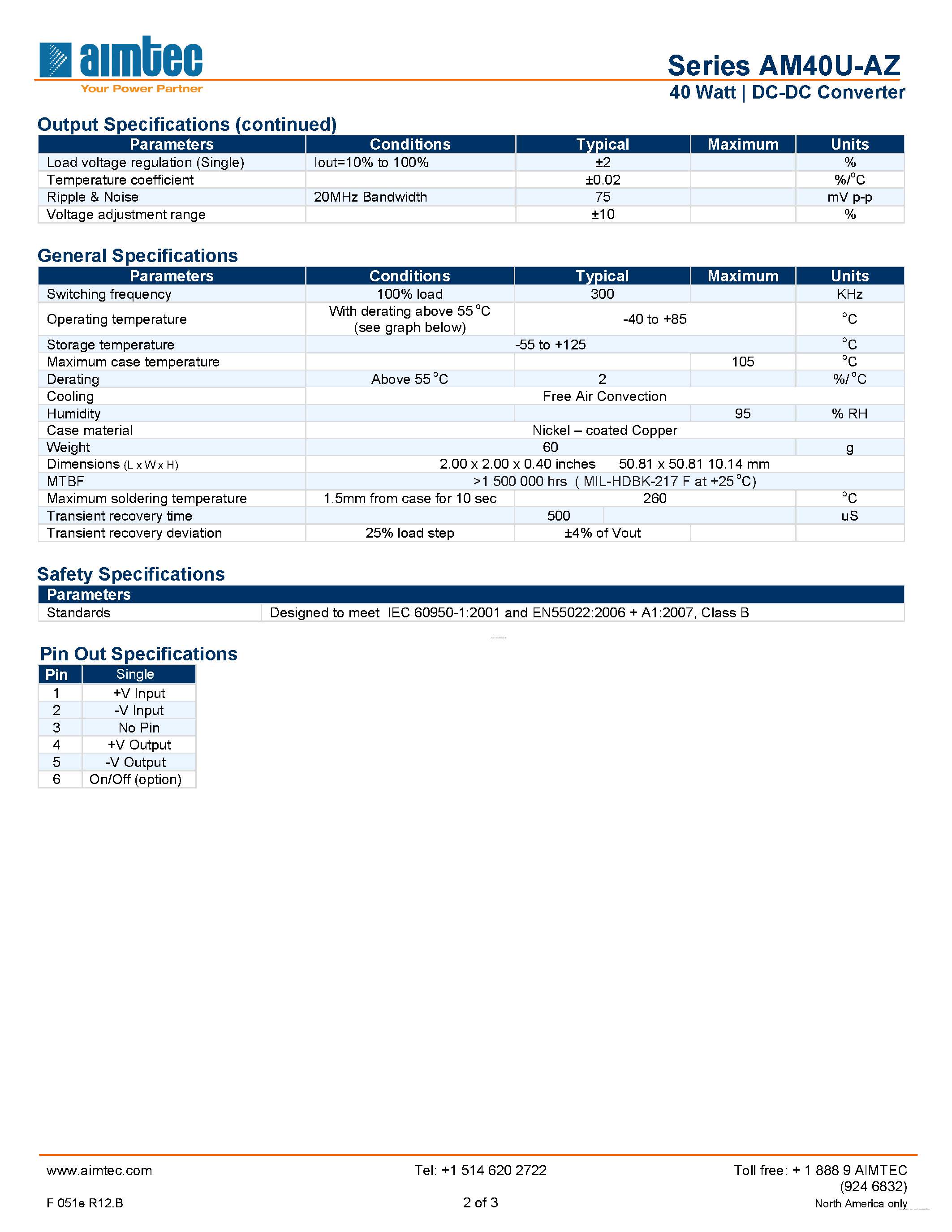 Даташит на микросхему AM40U-1203SAZ страница 2 Даташит AM40U-1203SAZ - 40 Watt DC-DC Converter страница 2