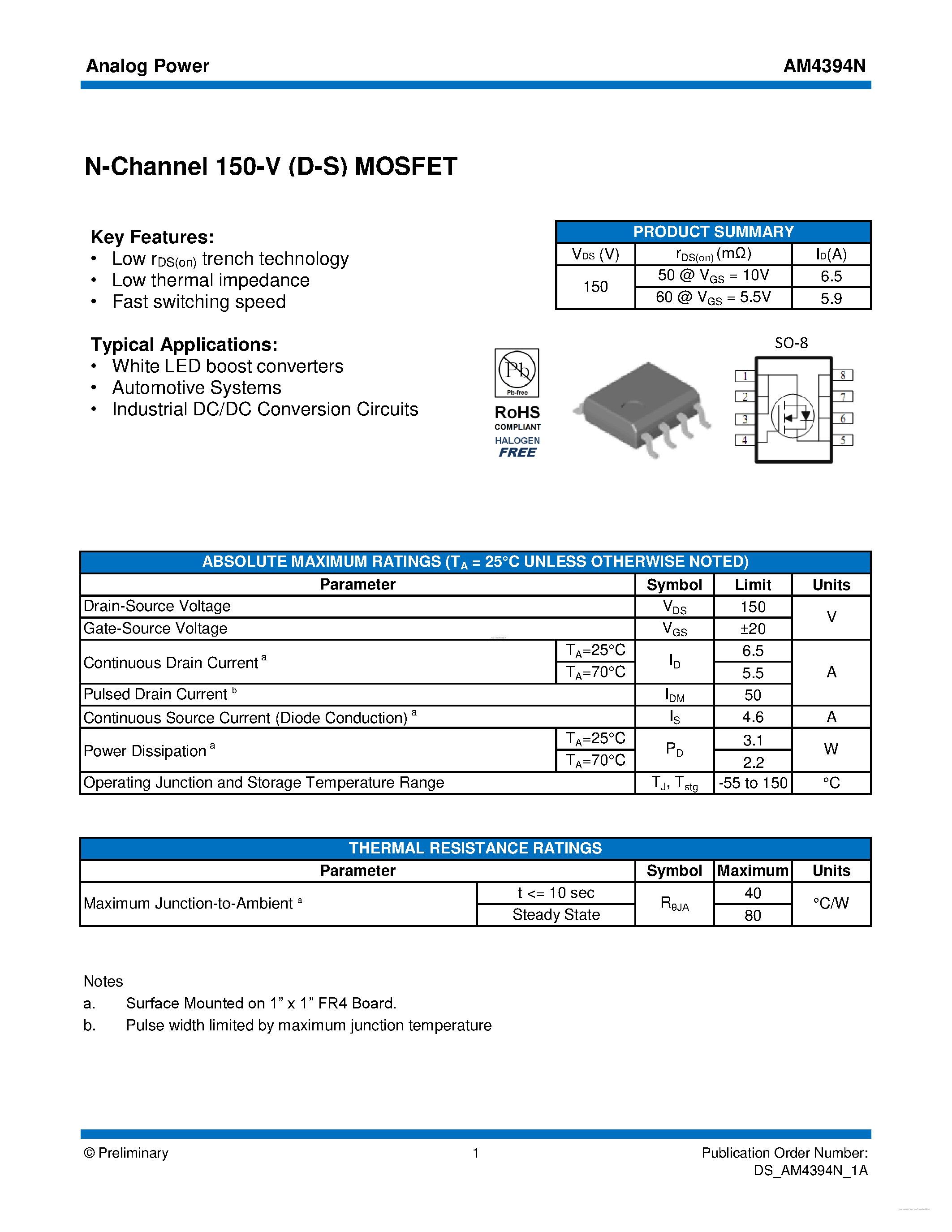 Даташит на микросхему AM4394N страница 1 Даташит AM4394N - MOSFET страница 1