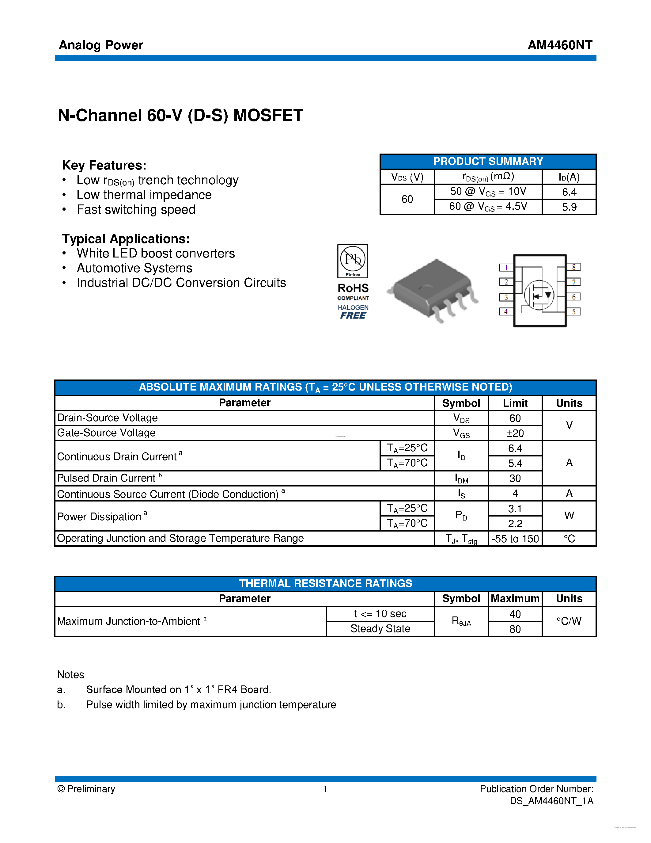 Даташит на микросхему AM4460NT страница 1 Даташит AM4460NT - MOSFET страница 1