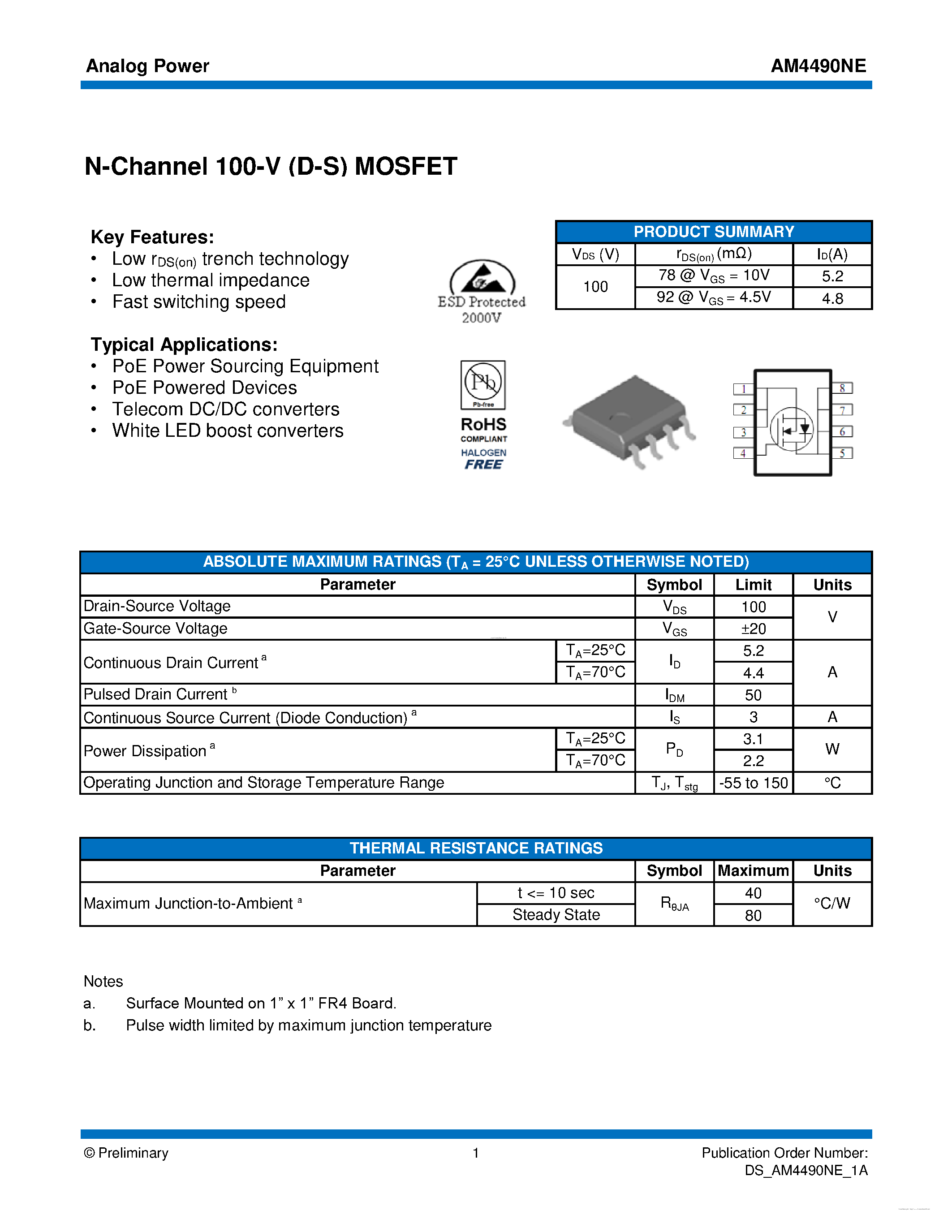 Даташит на микросхему AM4490NE страница 1 Даташит AM4490NE - MOSFET страница 1