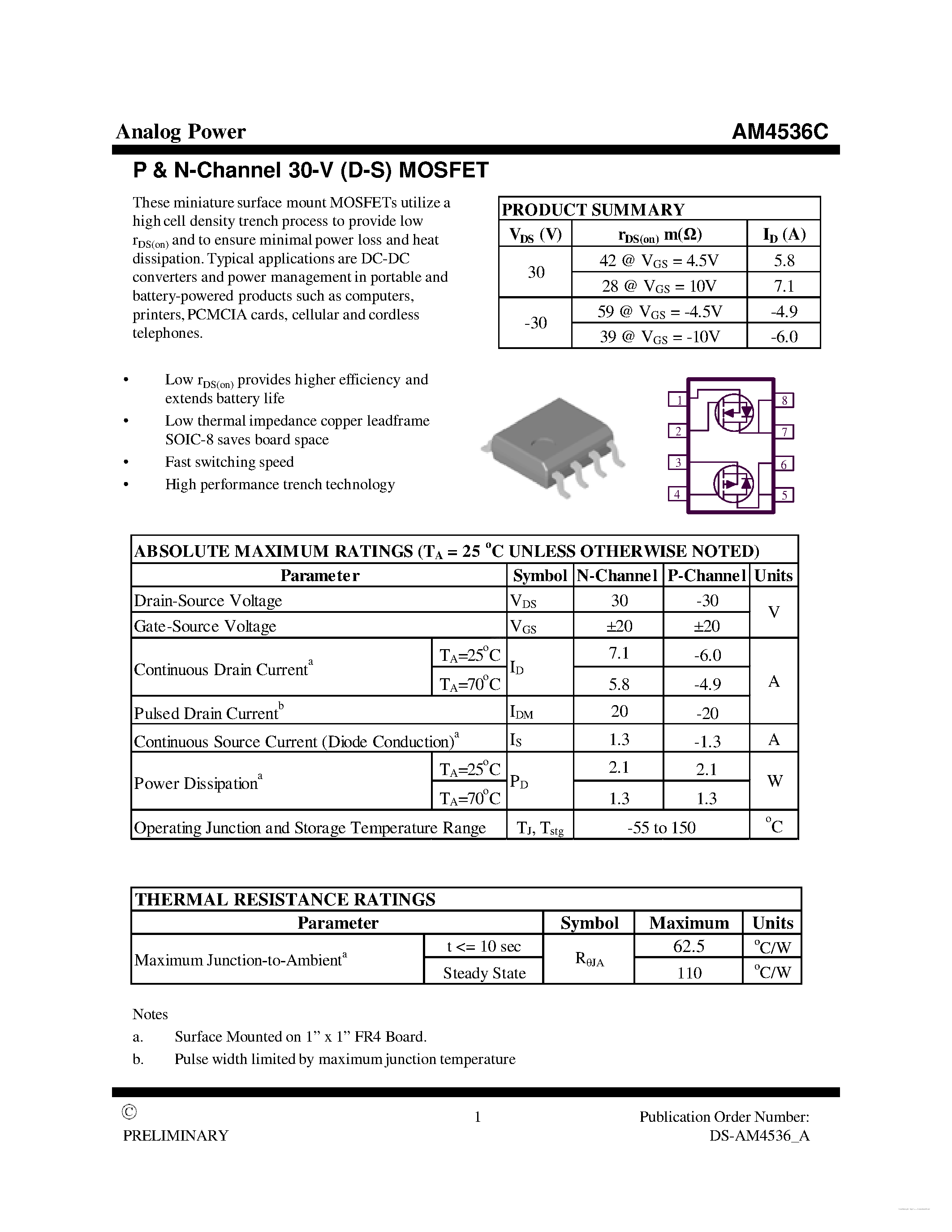 Datasheet AM4536C - MOSFET page 1