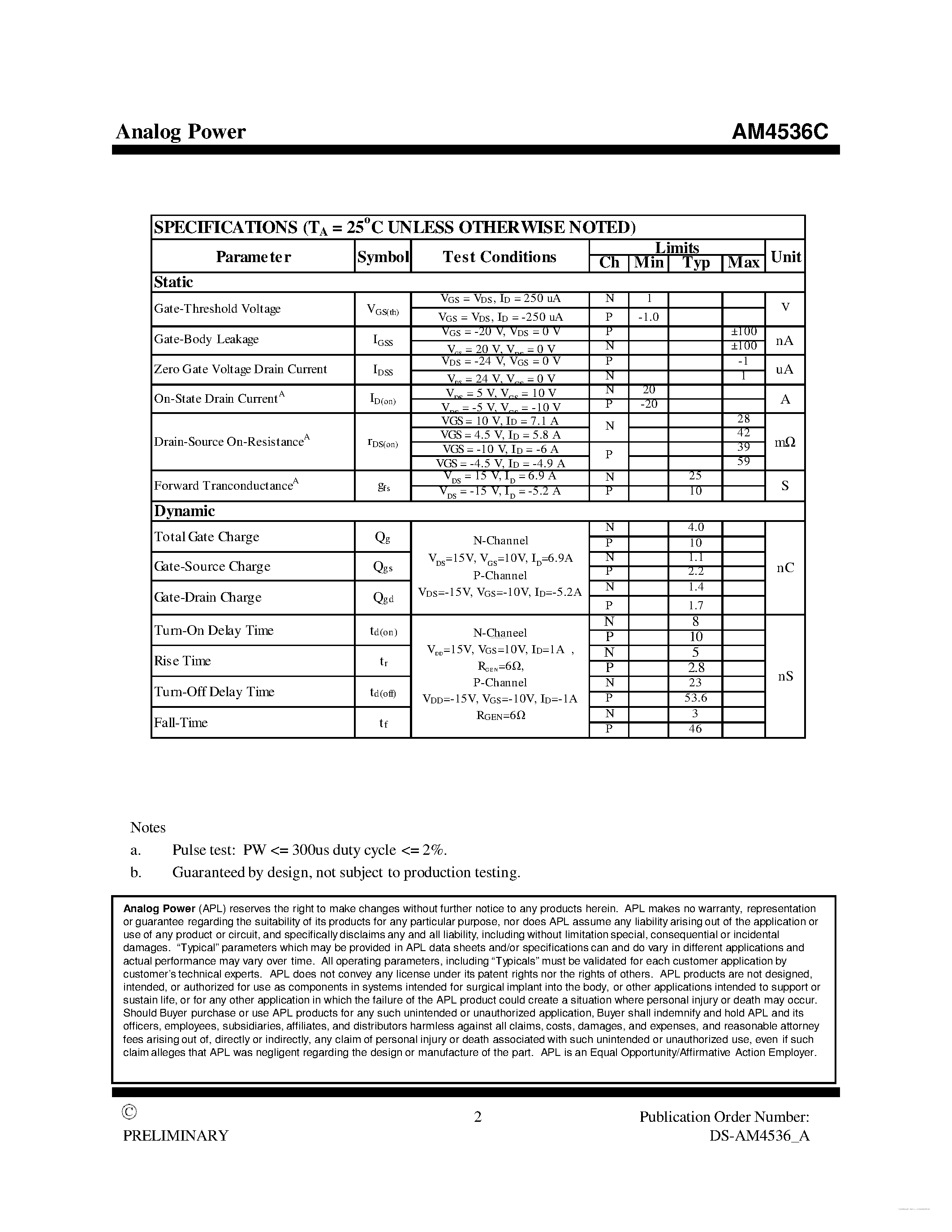 Даташит на микросхему AM4536C страница 2 Даташит AM4536C - MOSFET страница 2