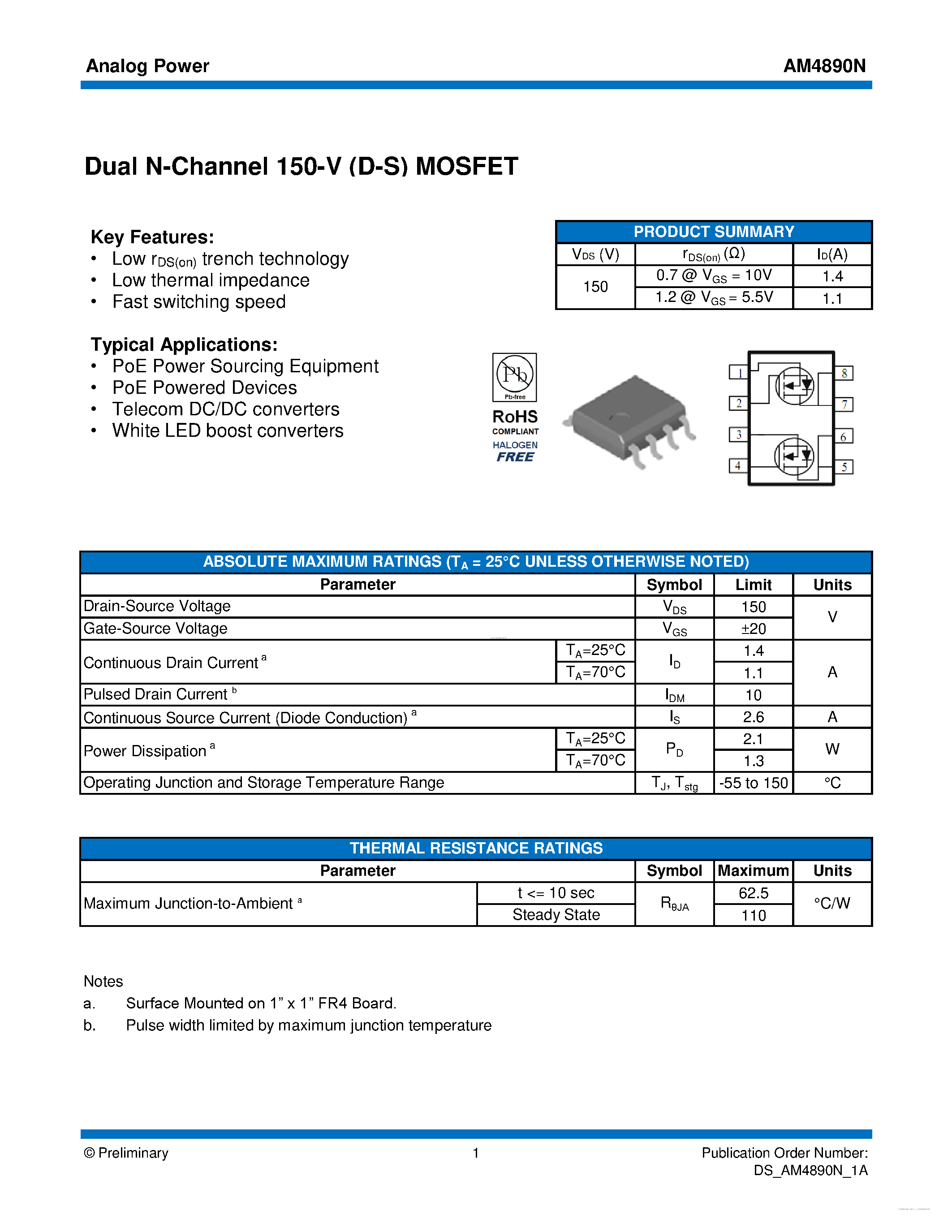 Даташит на микросхему AM4890N страница 1 Даташит AM4890N - MOSFET страница 1