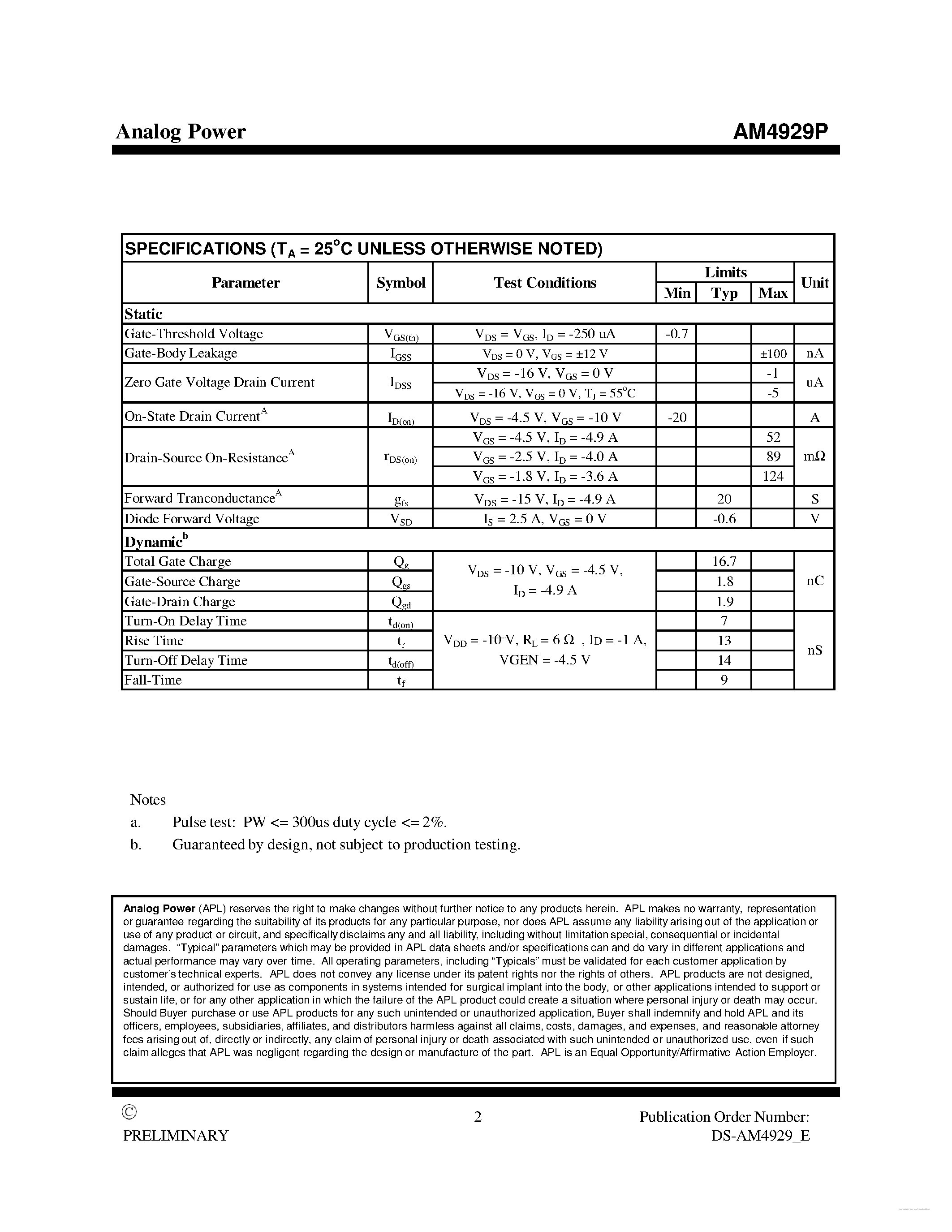Даташит на микросхему AM4929P страница 2 Даташит AM4929P - MOSFET страница 2