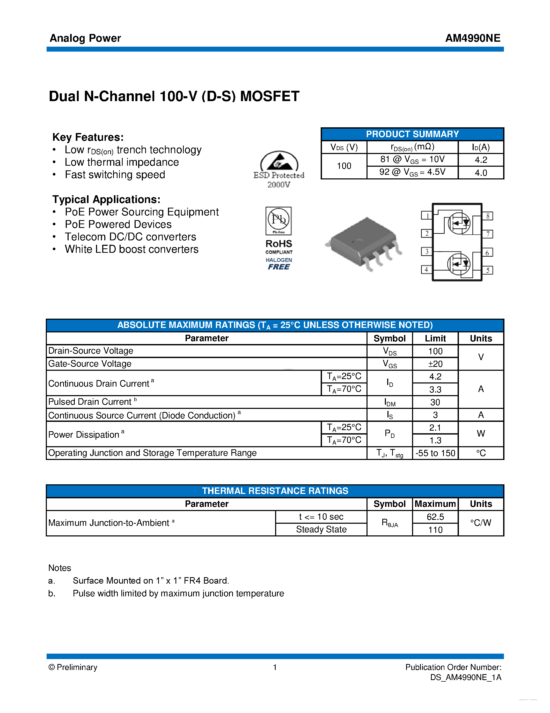 Даташит AM4990NE - MOSFET страница 1
