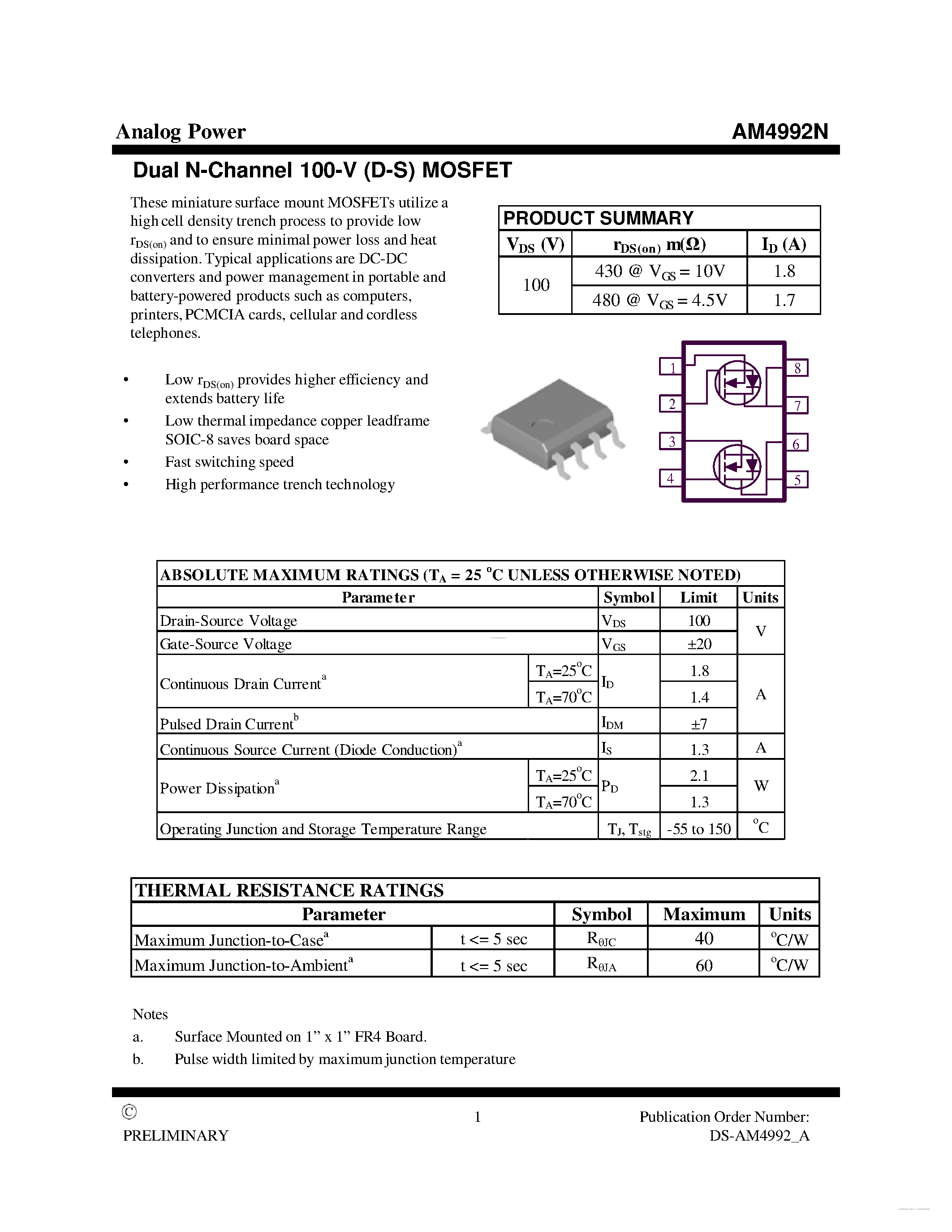 Даташит на микросхему AM4992N страница 1 Даташит AM4992N - MOSFET страница 1