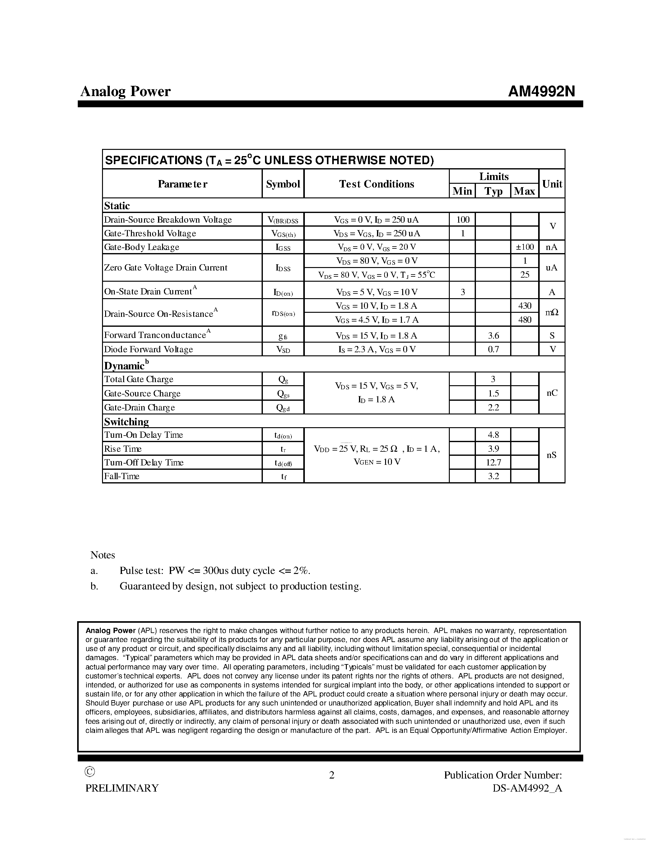 Даташит на микросхему AM4992N страница 2 Даташит AM4992N - MOSFET страница 2