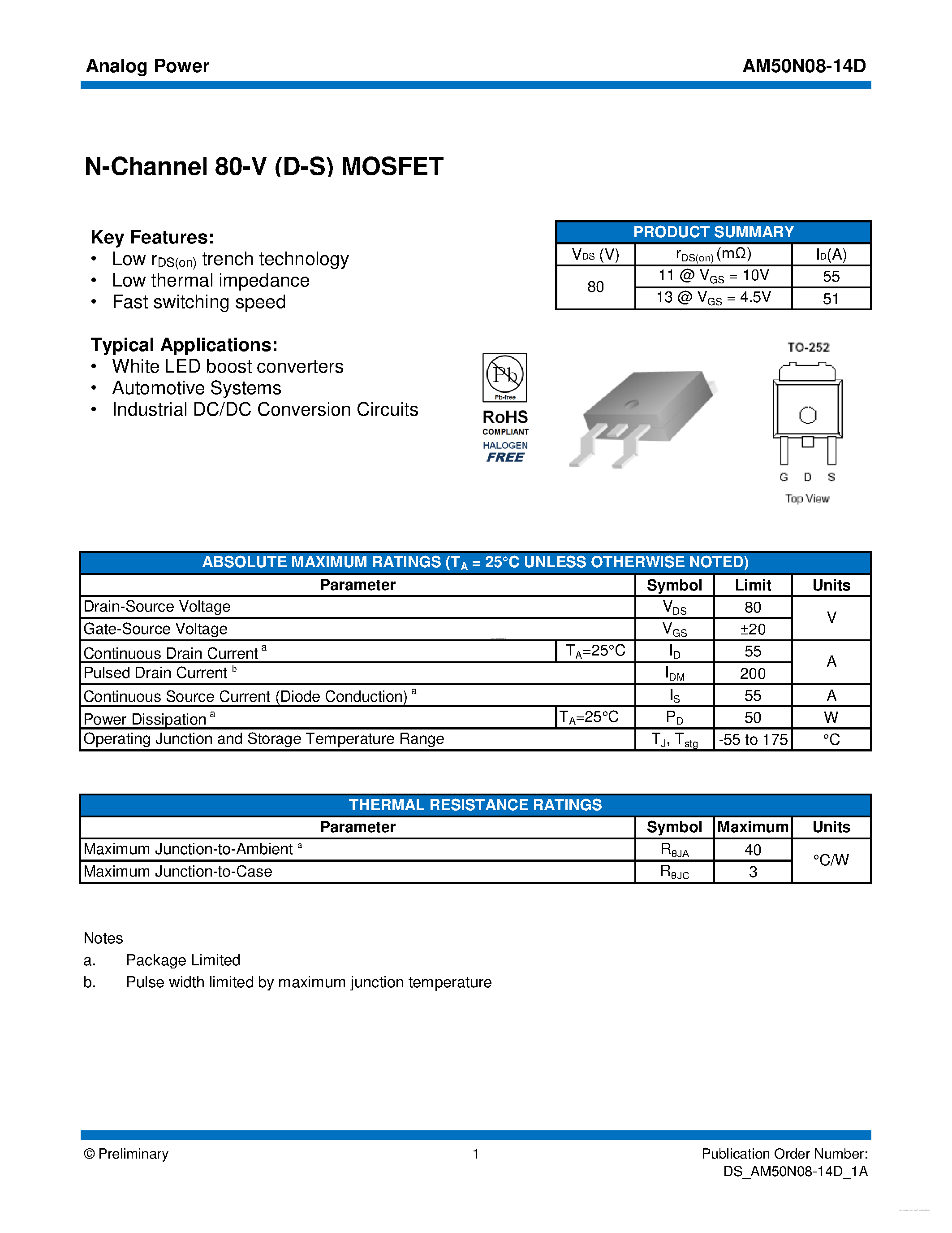 Даташит на микросхему AM50N08-14D страница 1 Даташит AM50N08-14D - MOSFET страница 1