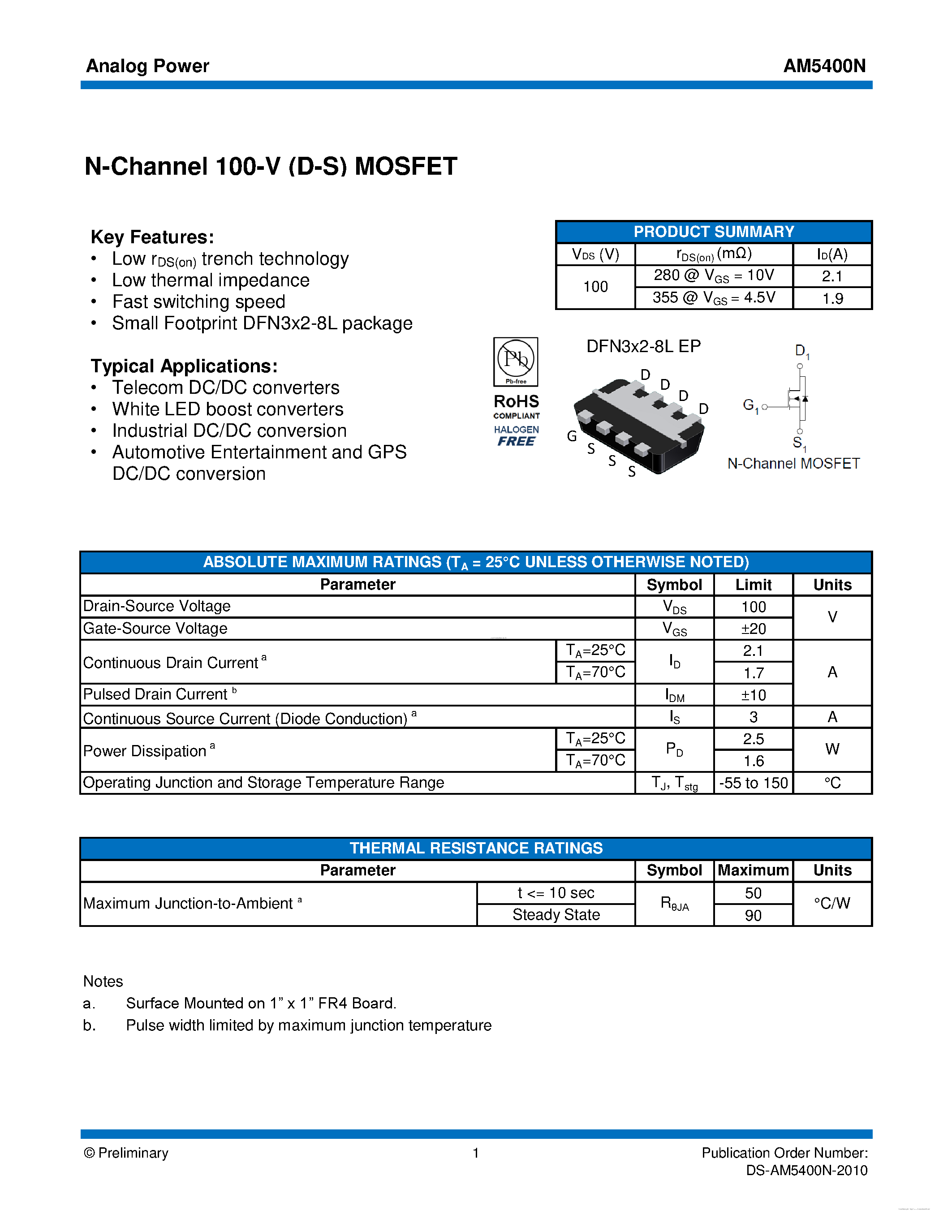 Даташит на микросхему AM5400N страница 1 Даташит AM5400N - MOSFET страница 1