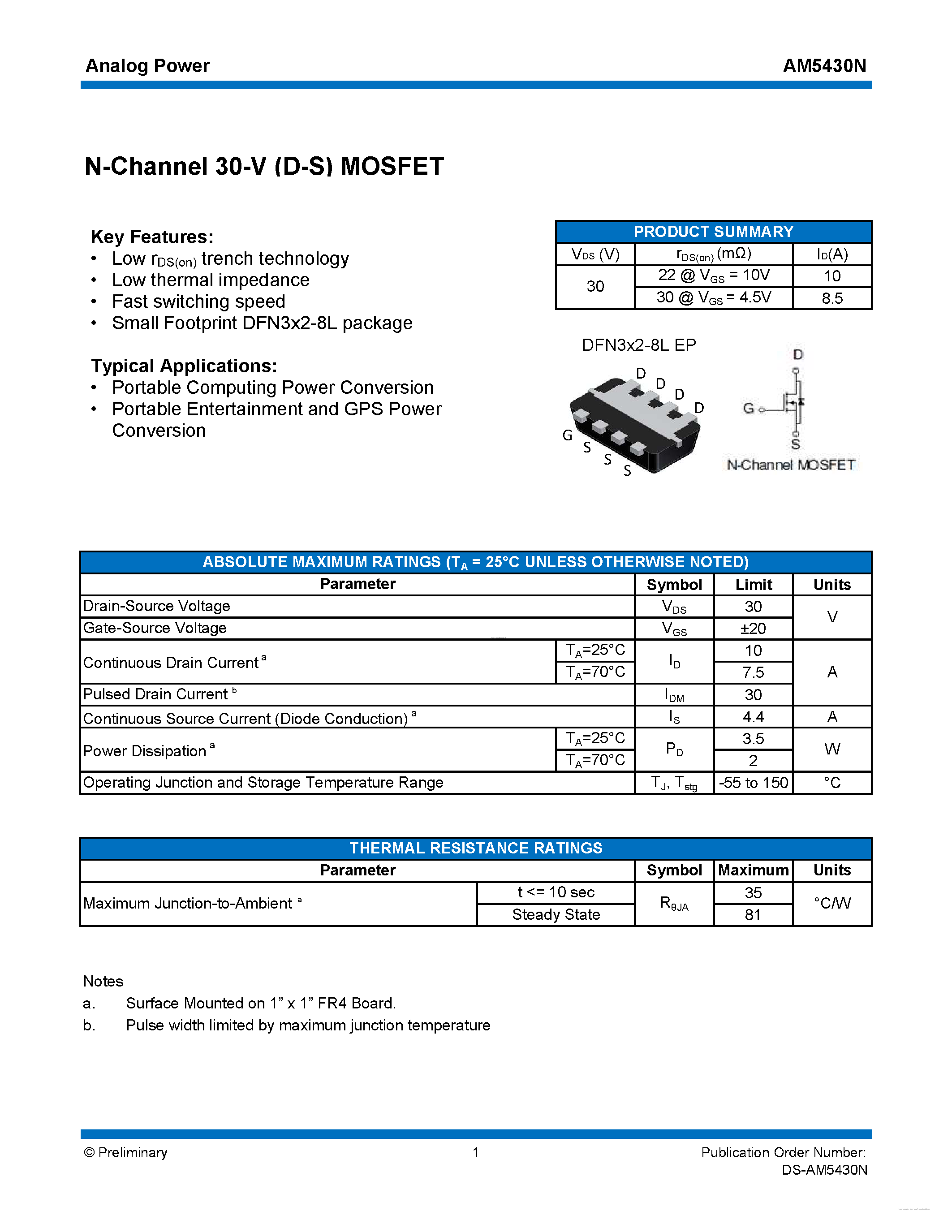 Даташит на микросхему AM5430N страница 1 Даташит AM5430N - MOSFET страница 1