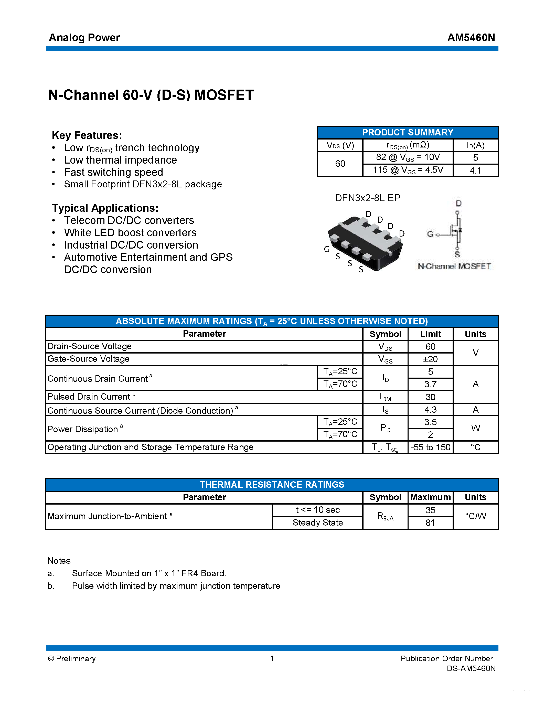 Даташит на микросхему AM5460N страница 1 Даташит AM5460N - MOSFET страница 1