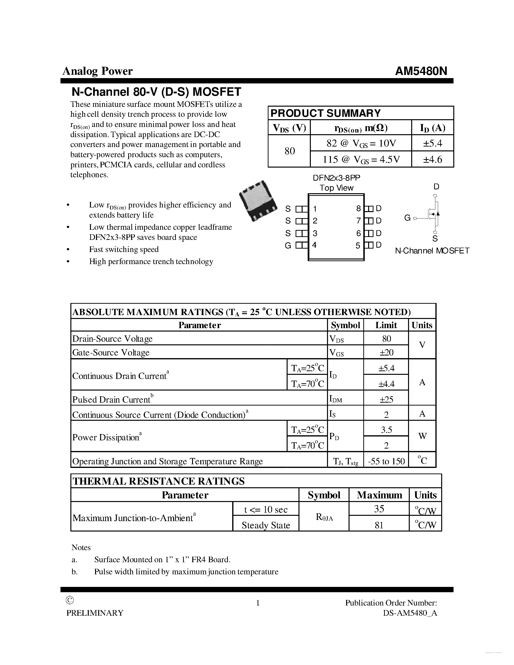 Даташит на микросхему AM5480N страница 1 Даташит AM5480N - MOSFET страница 1