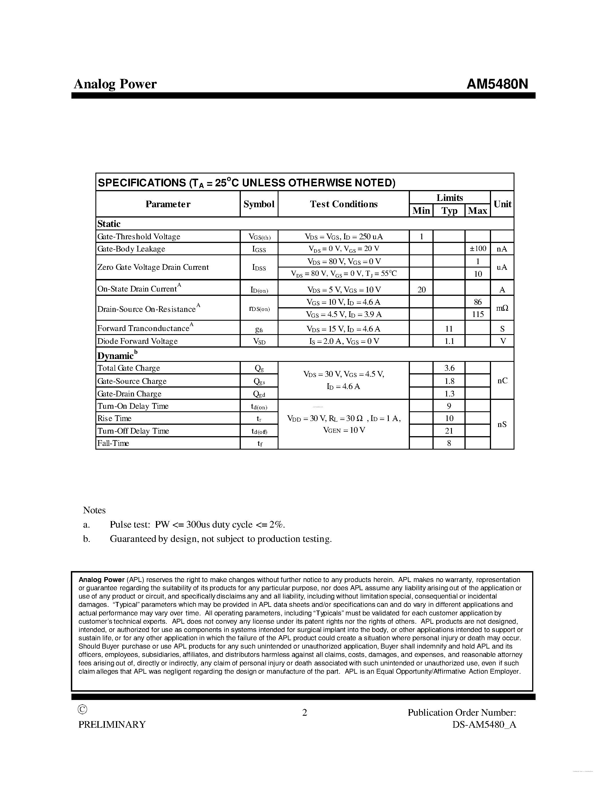 Даташит на микросхему AM5480N страница 2 Даташит AM5480N - MOSFET страница 2
