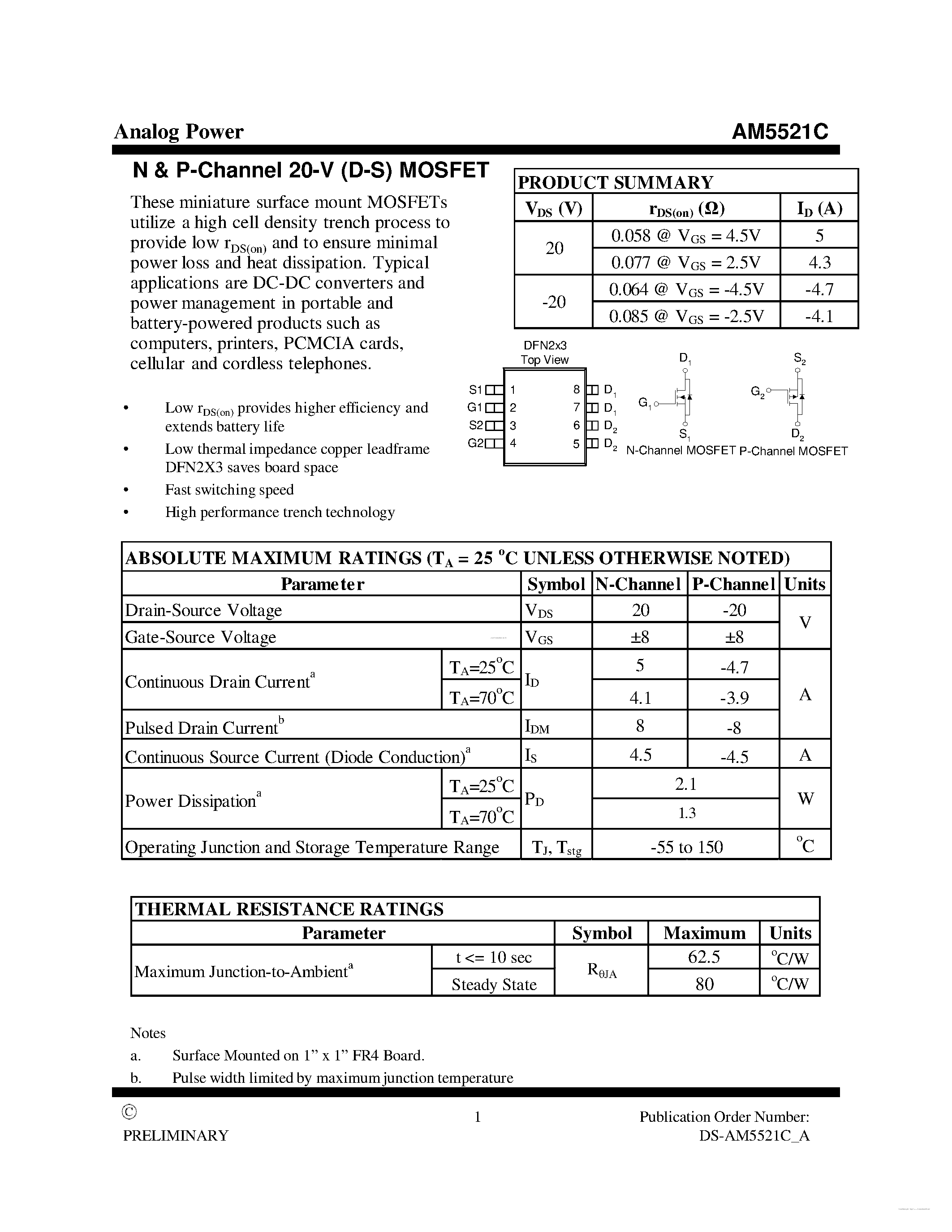 Даташит на микросхему AM5521C страница 1 Даташит AM5521C - MOSFET страница 1