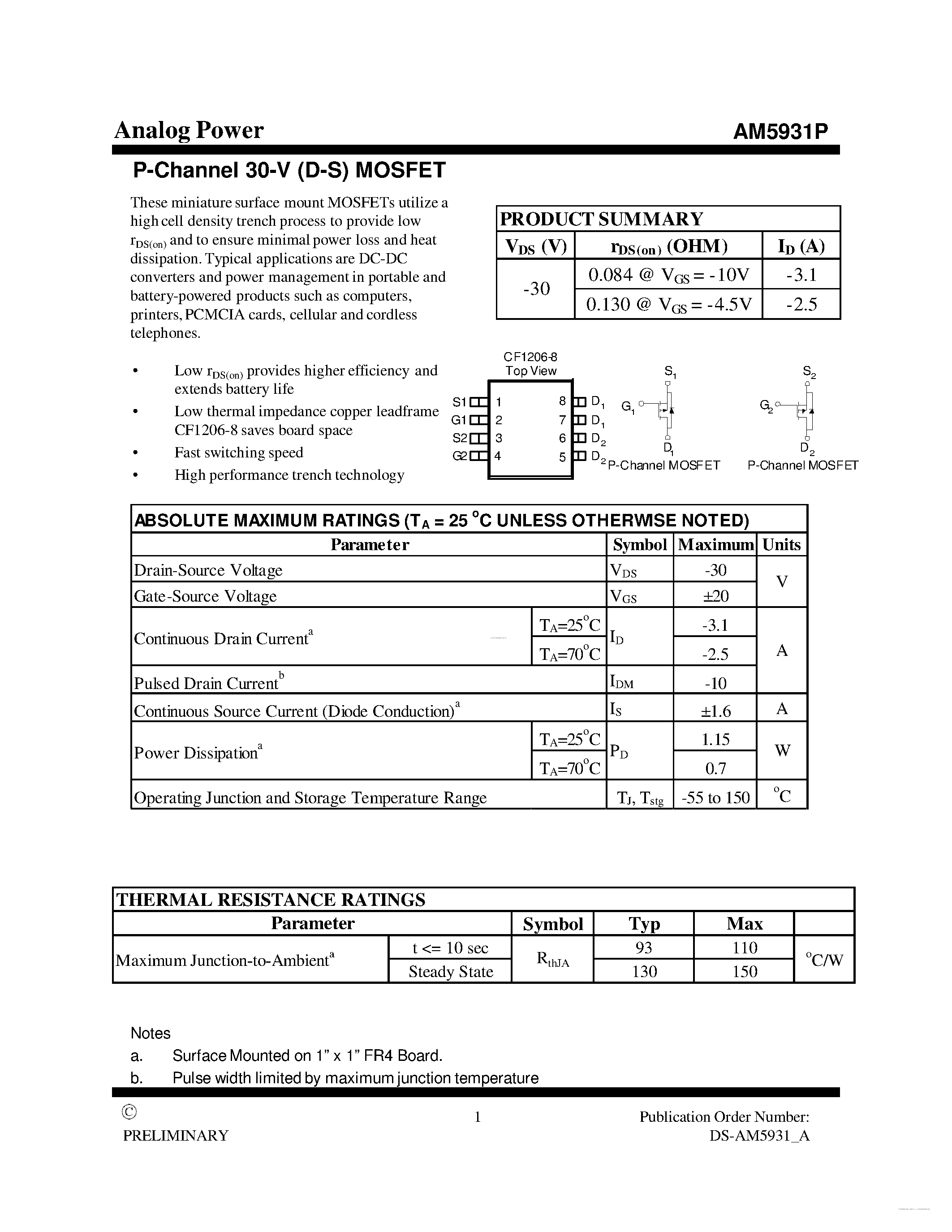 Даташит на микросхему AM5931P страница 1 Даташит AM5931P - MOSFET страница 1