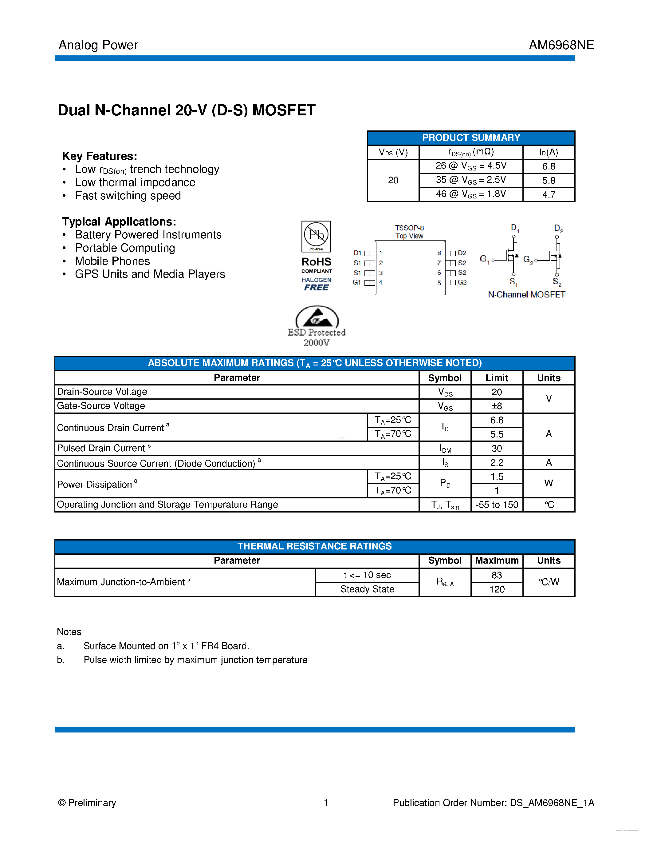 Datasheet AM6968NE - MOSFET page 1