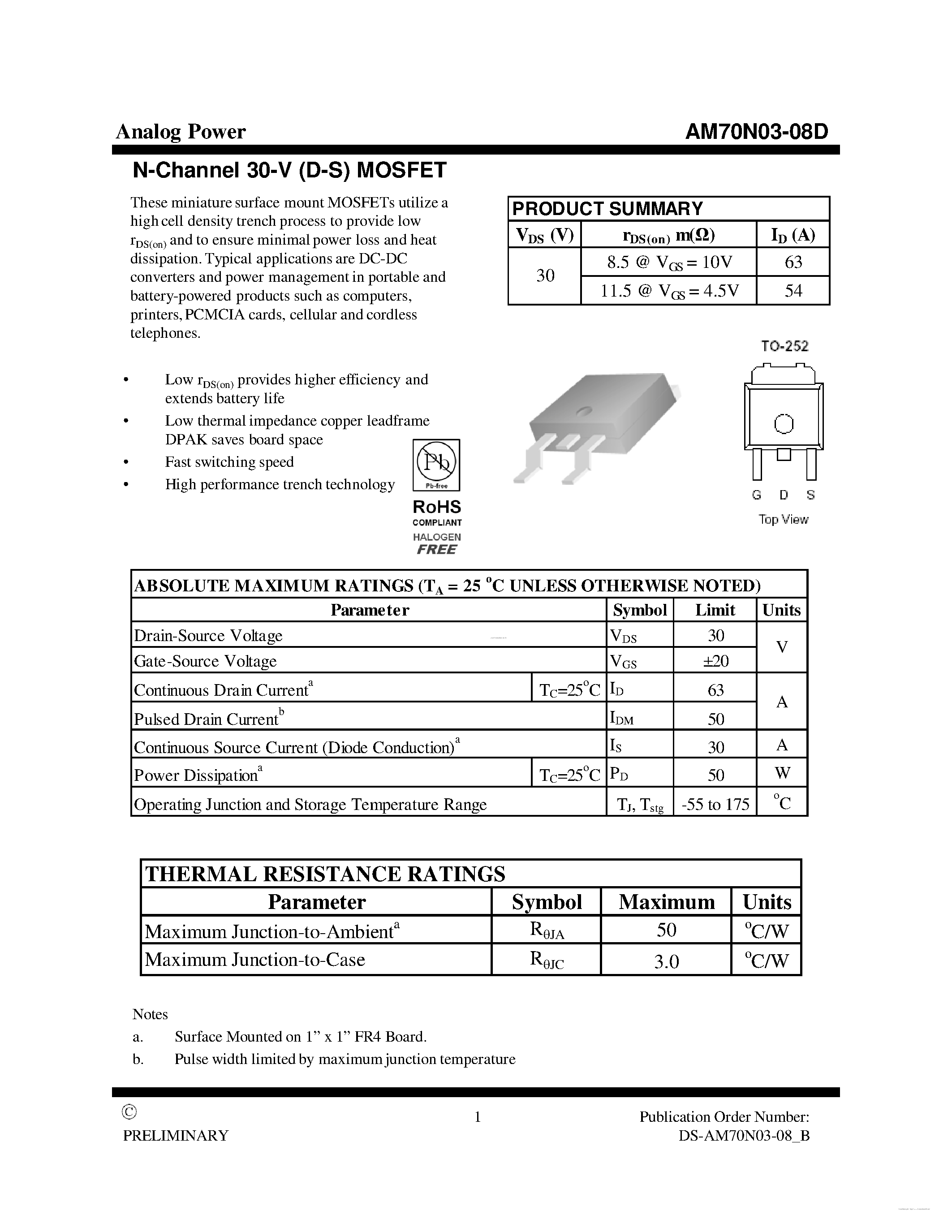 Datasheet AM70N03-08D - MOSFET page 1