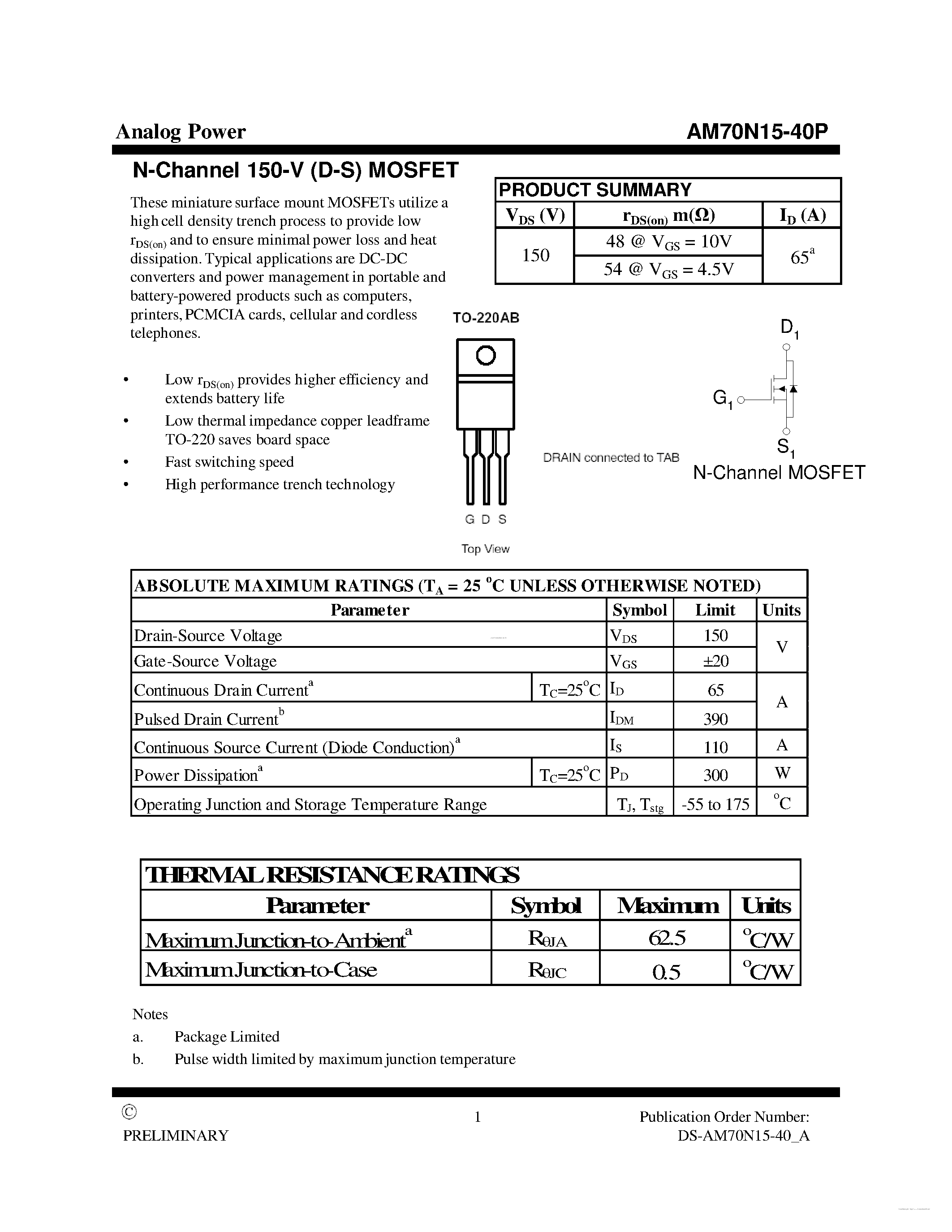Datasheet AM70N15-40P - MOSFET page 1