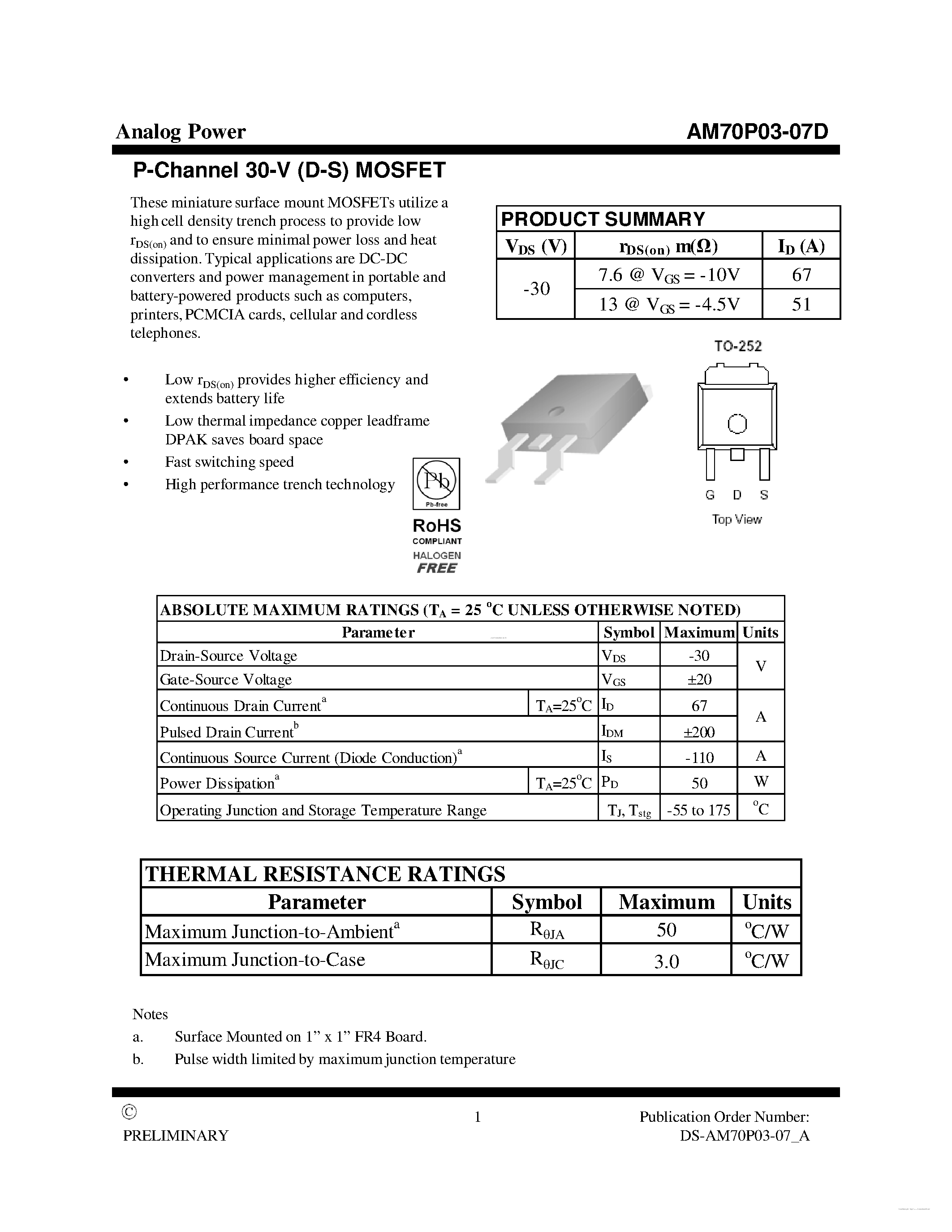 Datasheet AM70P03-07D - MOSFET page 1