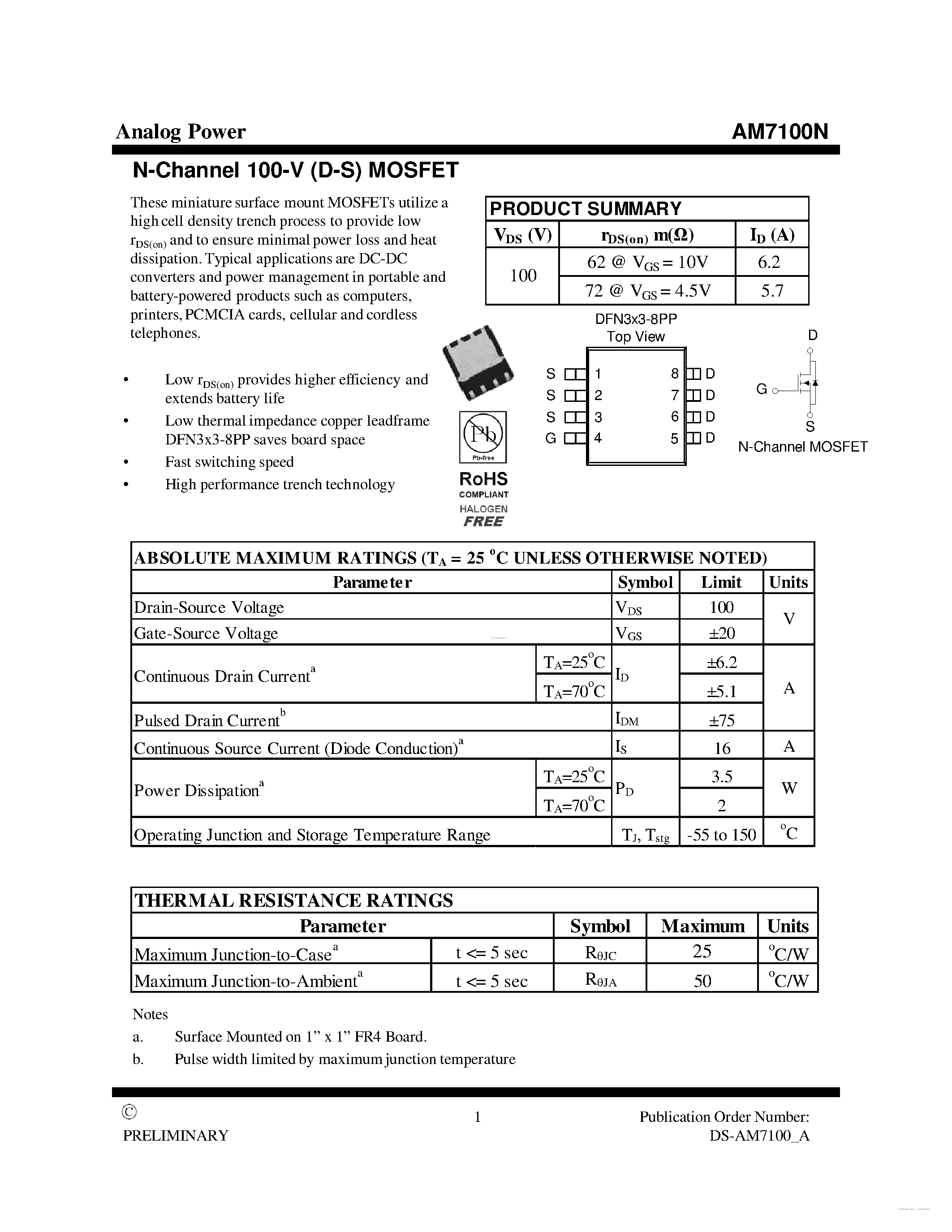 Datasheet AM7100N - MOSFET page 1