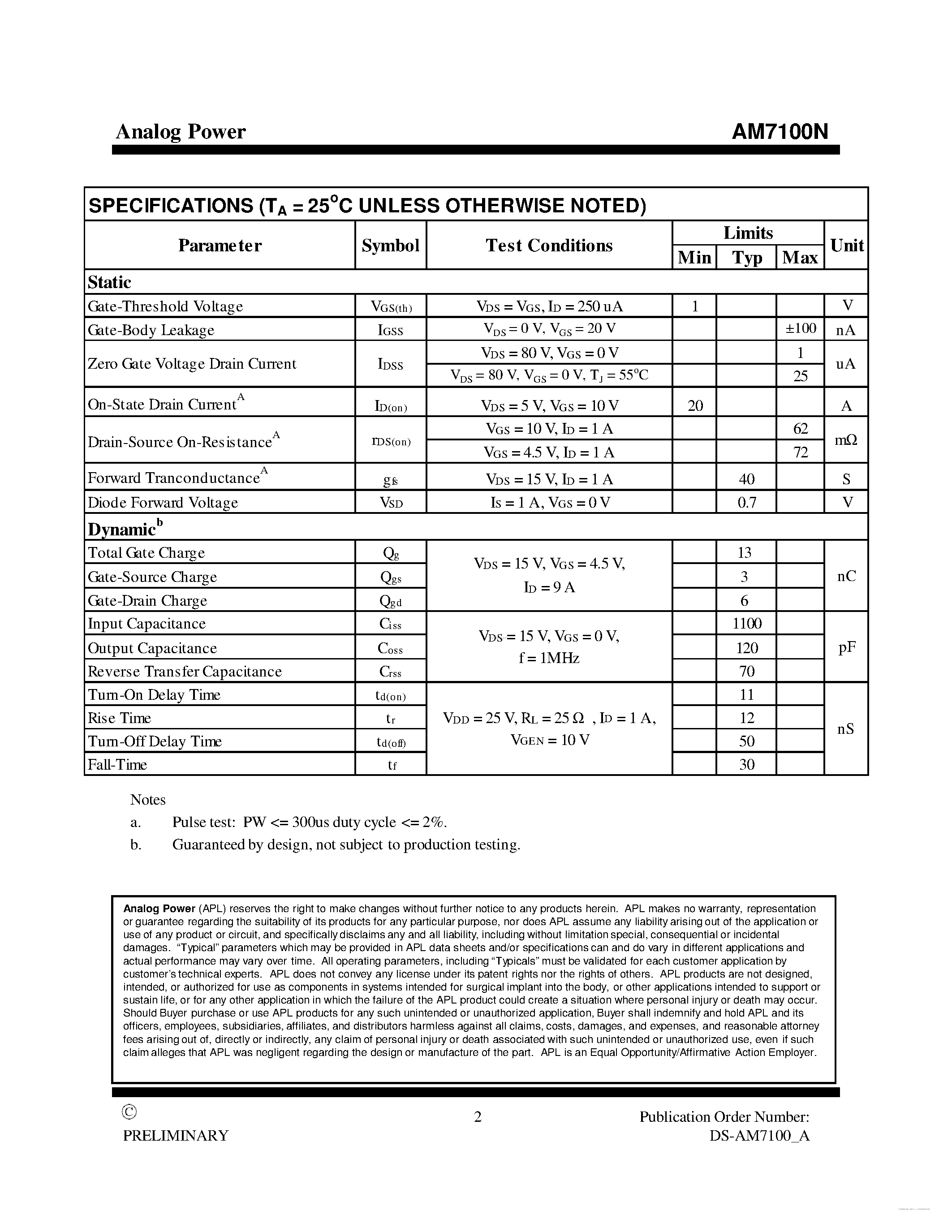 Datasheet AM7100N page 2 Datasheet AM7100N - MOSFET page 2
