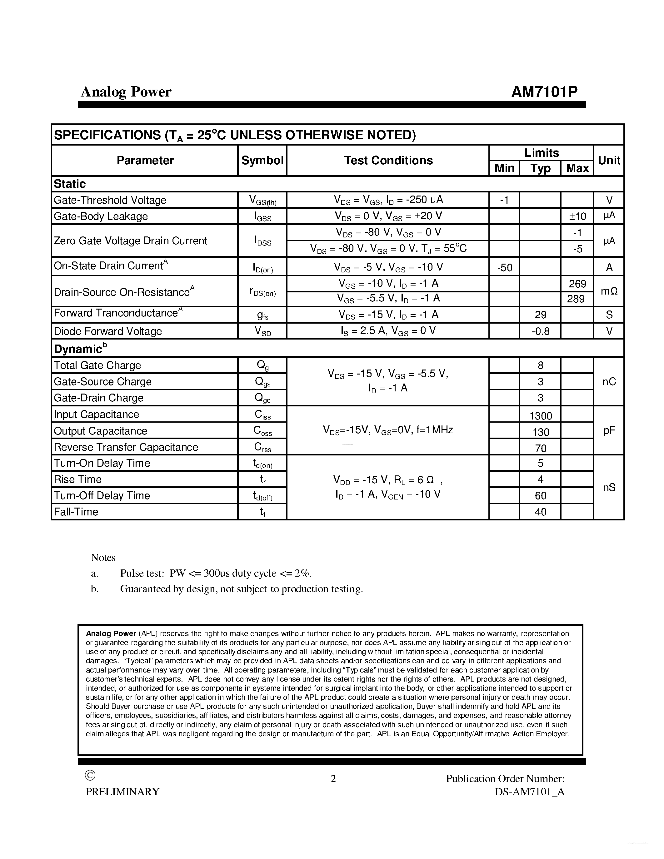 Datasheet AM7101P page 2 Datasheet AM7101P - MOSFET page 2