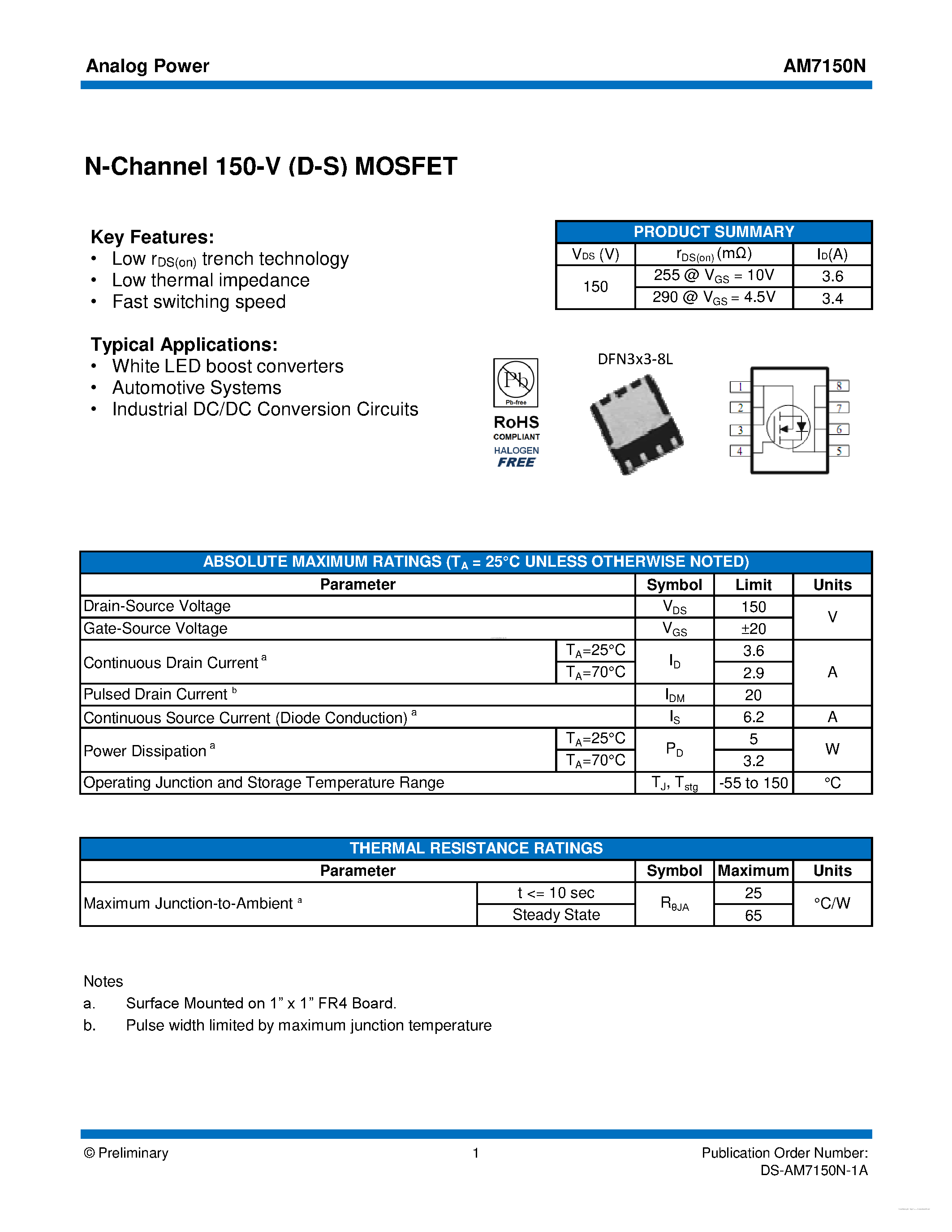 Даташит AM7150N - MOSFET страница 1