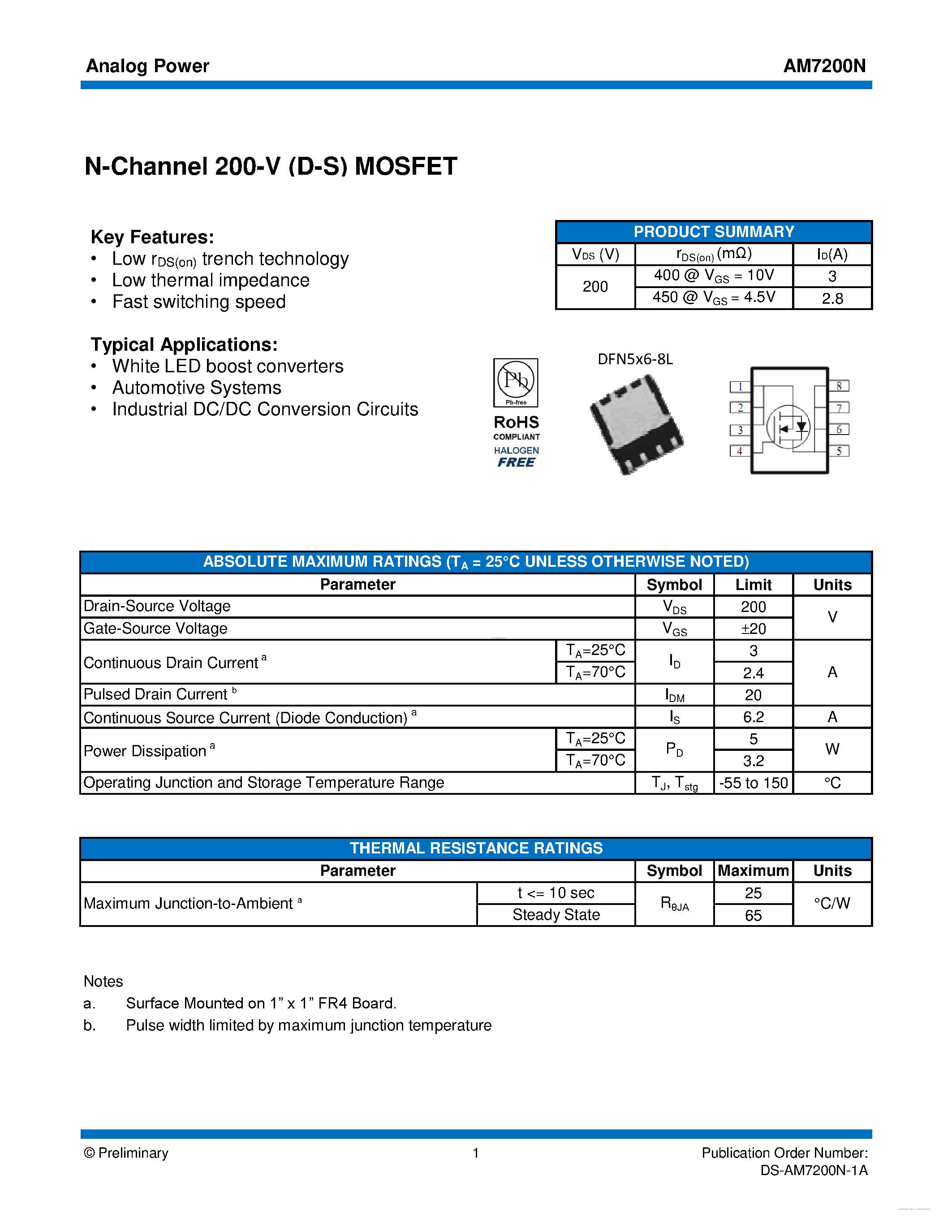 Datasheet AM7200N - MOSFET page 1