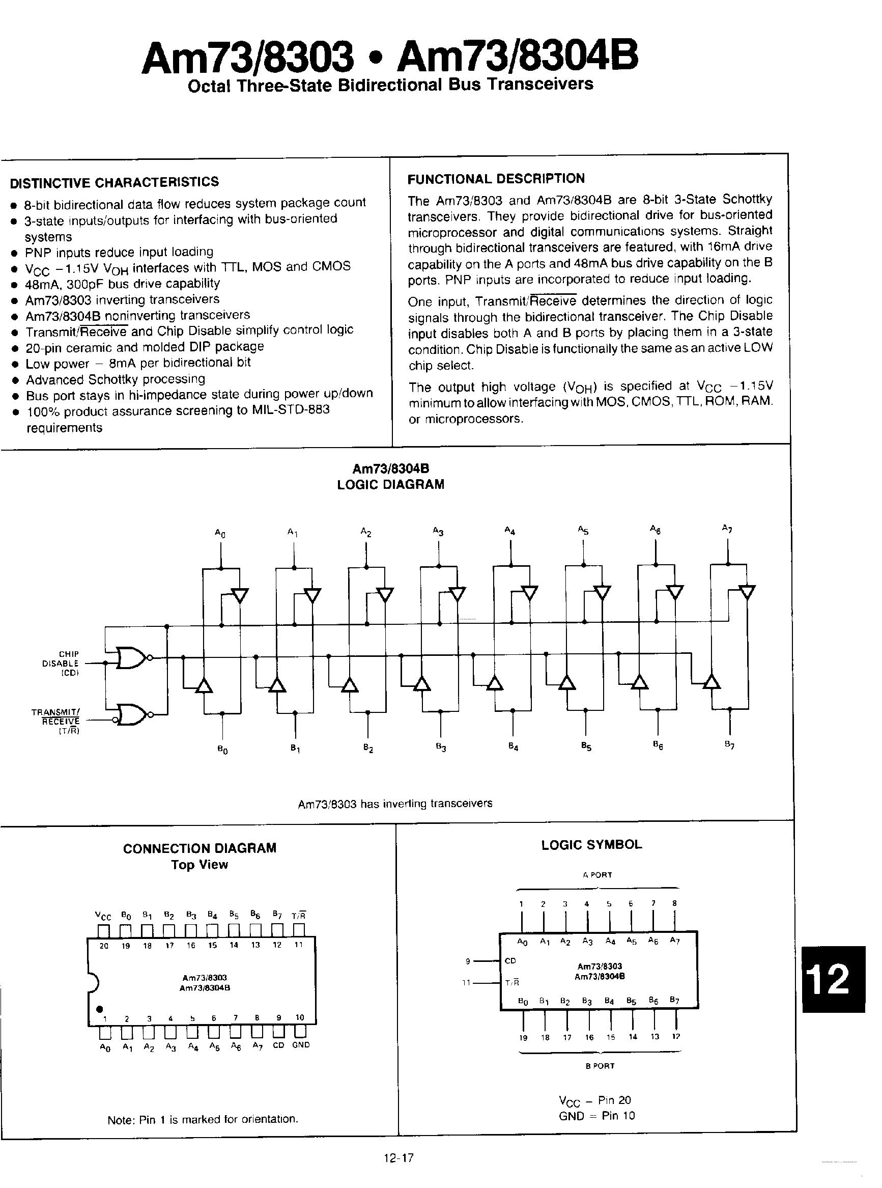 Datasheet AM7303 page 1 Datasheet AM7303 - OCTAL THREE-STATE BIDIRECTIONAL BUS TRANSCEIVERS page 1