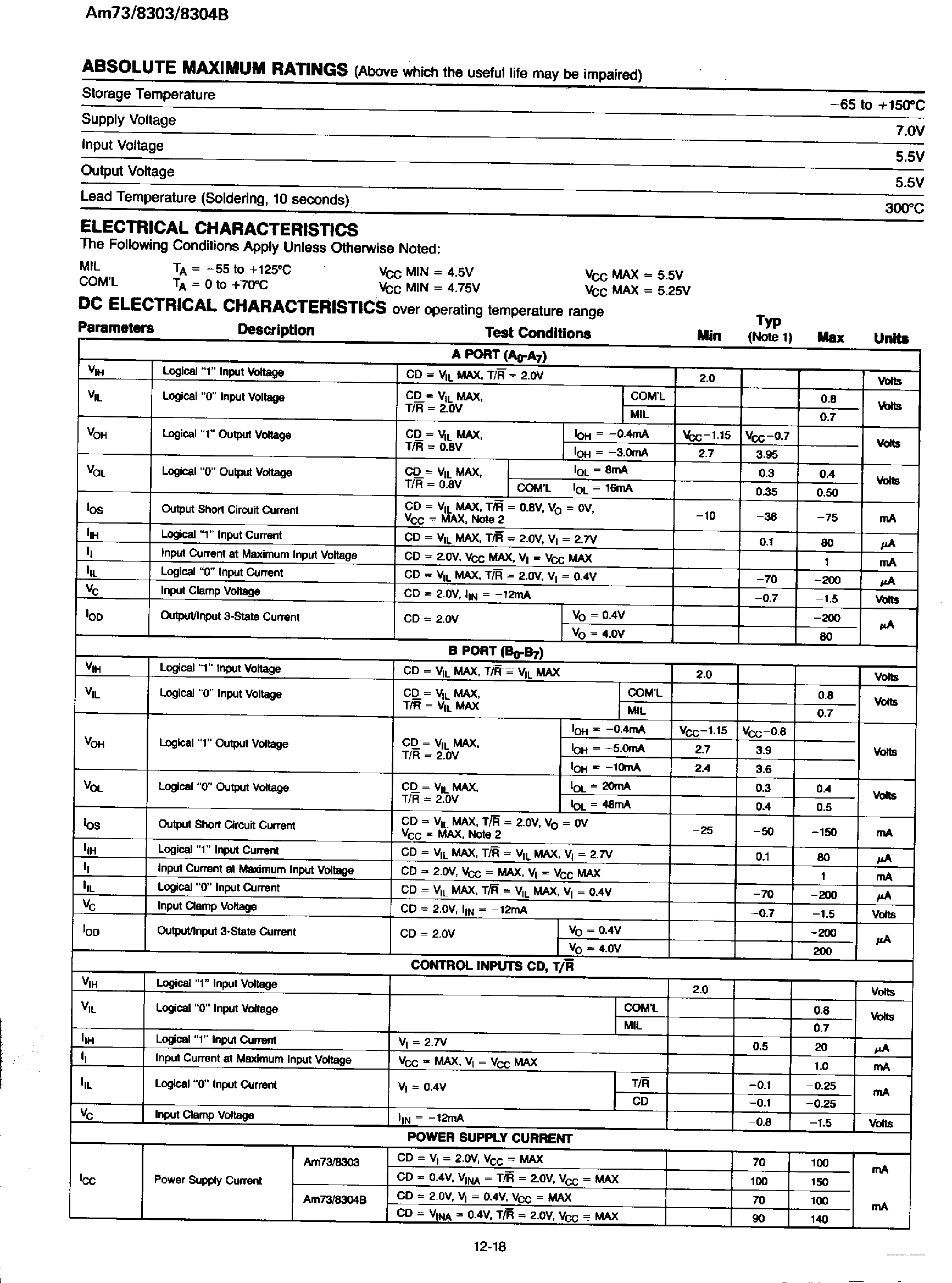Datasheet AM7303 page 2 Datasheet AM7303 - OCTAL THREE-STATE BIDIRECTIONAL BUS TRANSCEIVERS page 2