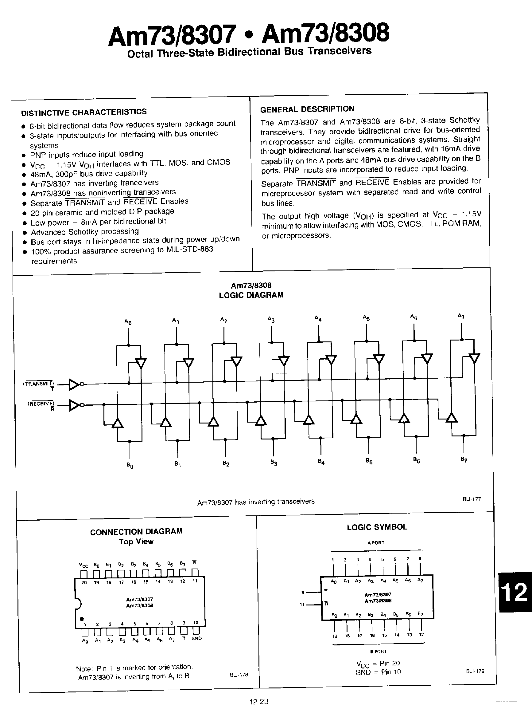 Даташит AM7307 - (AM7307 / AM7308) OCTAL THREE-STATE BIDIRECTIONAL BUS TRANSCEIVERS страница 1