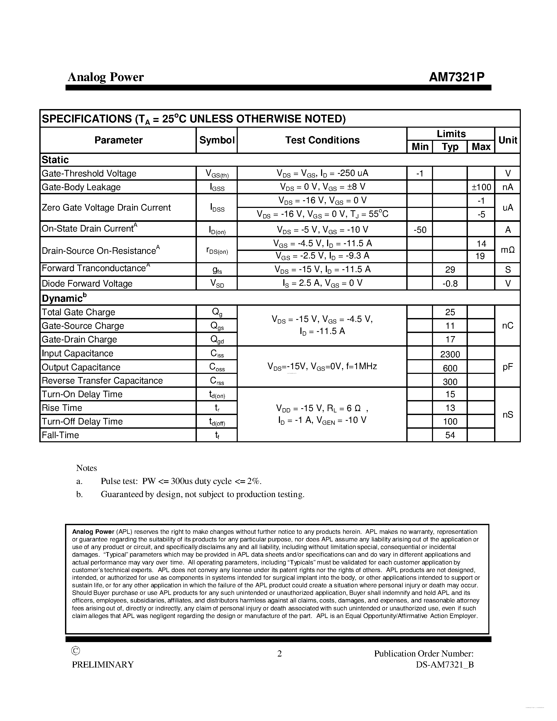 Datasheet AM7321P page 2 Datasheet AM7321P - MOSFET page 2