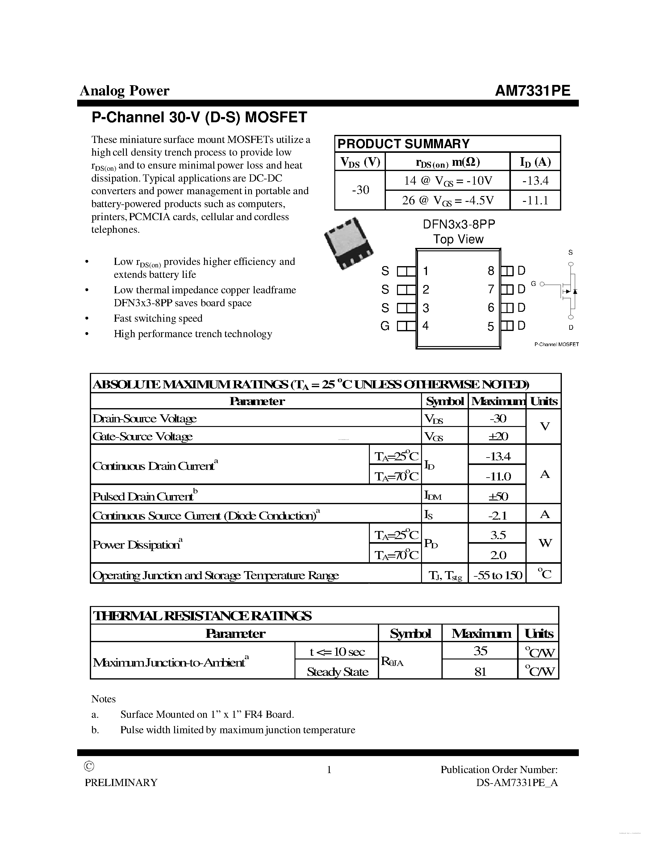Datasheet AM7331PE - MOSFET page 1