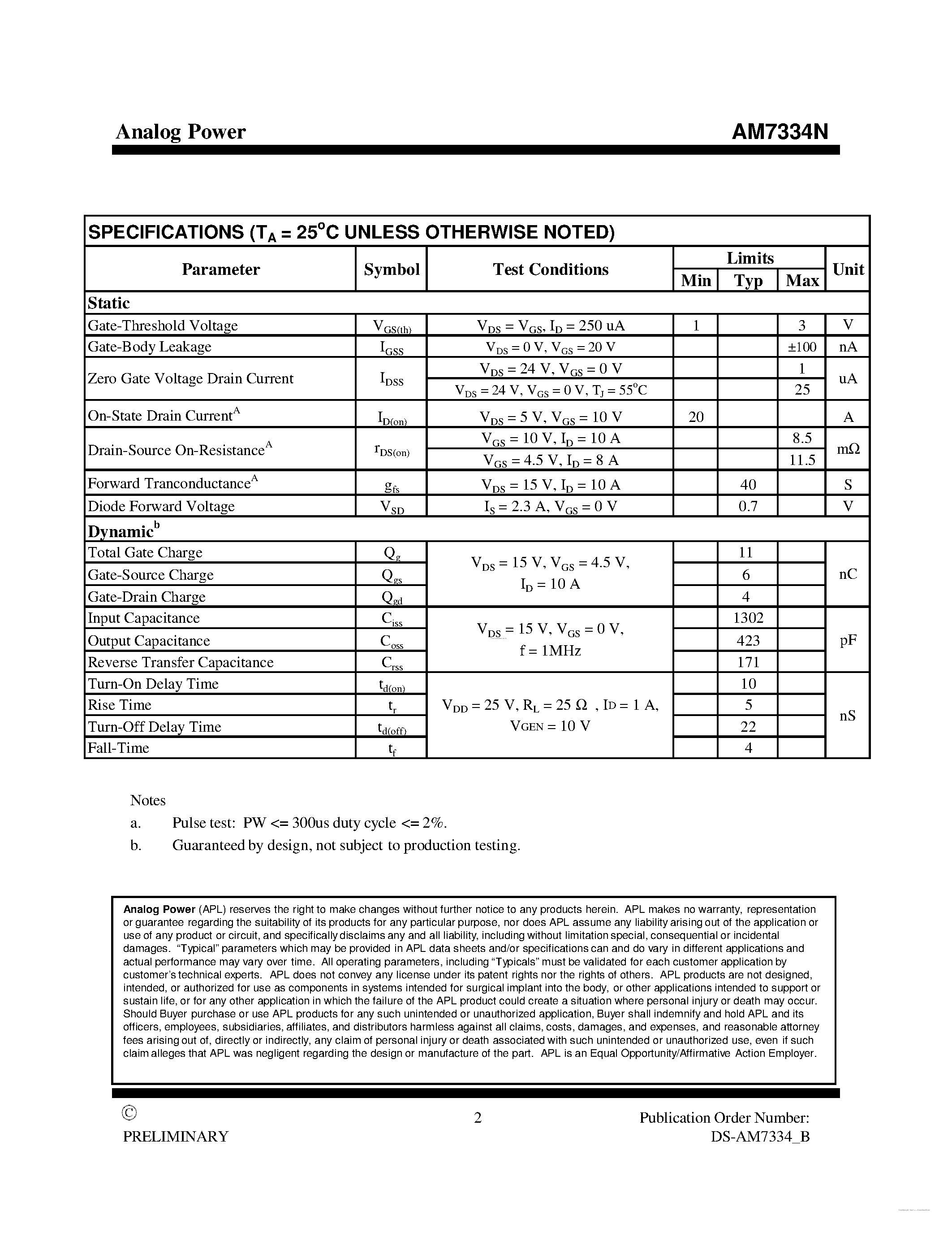 Datasheet AM7334N page 2 Datasheet AM7334N - MOSFET page 2