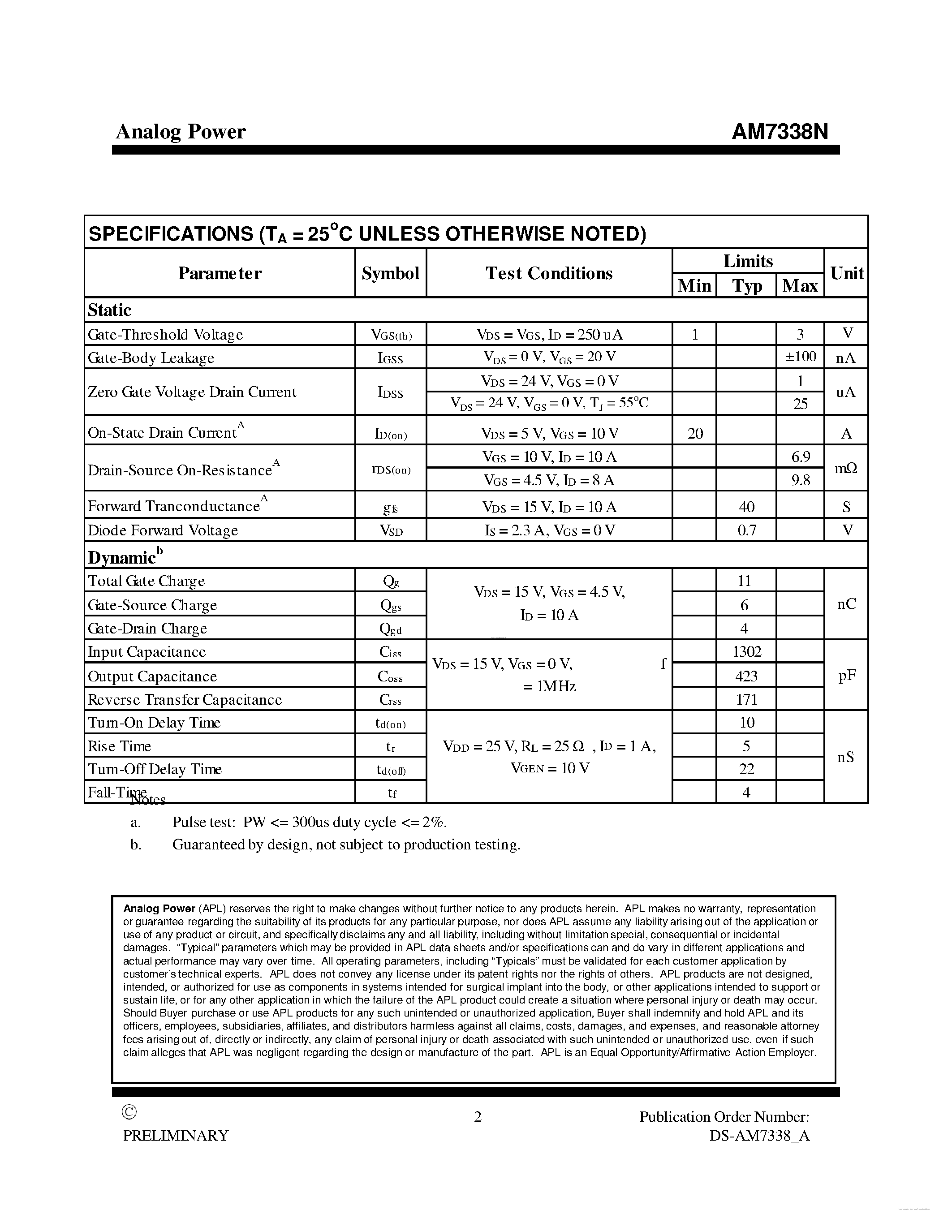 Datasheet AM7338N page 2 Datasheet AM7338N - MOSFET page 2