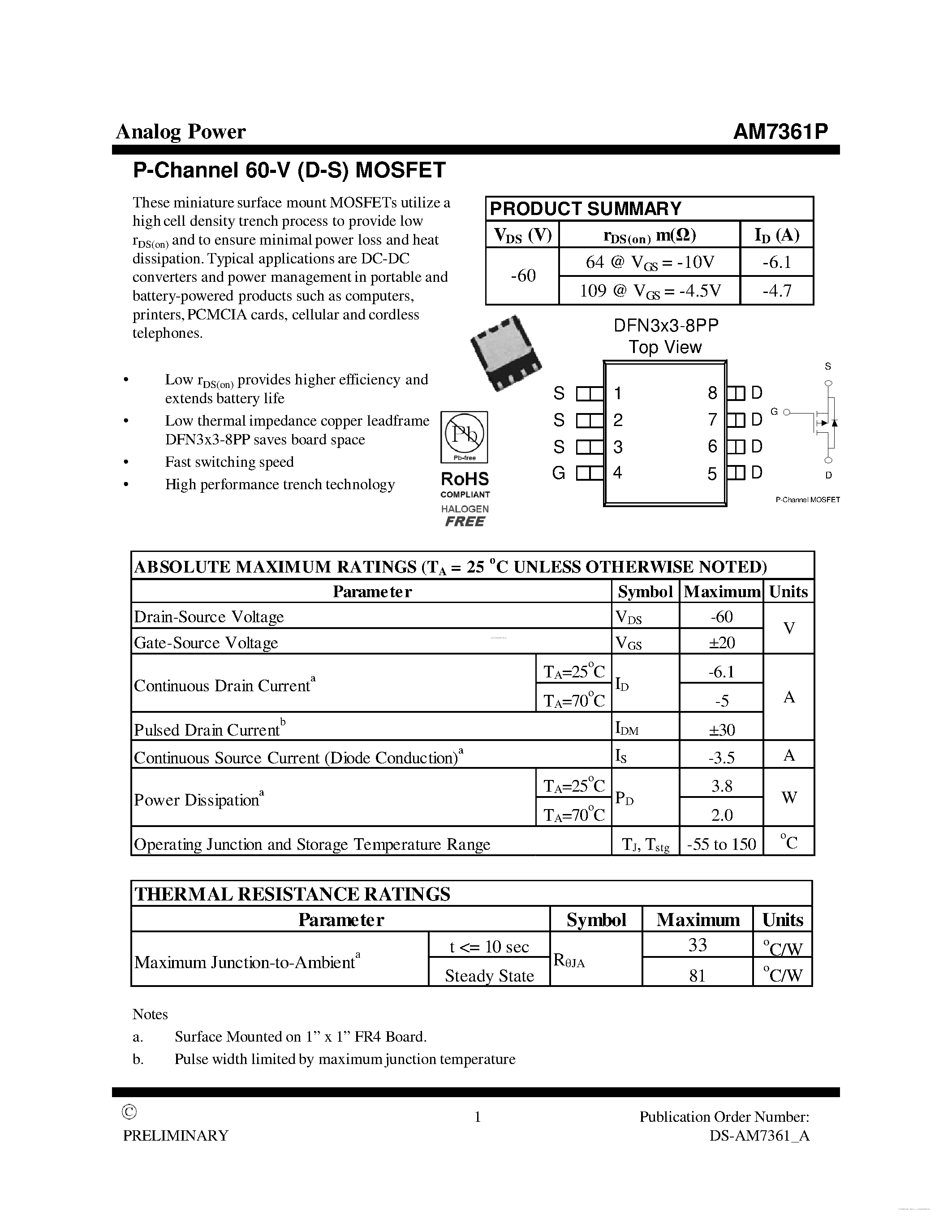 Datasheet AM7361P page 1 Datasheet AM7361P - MOSFET page 1