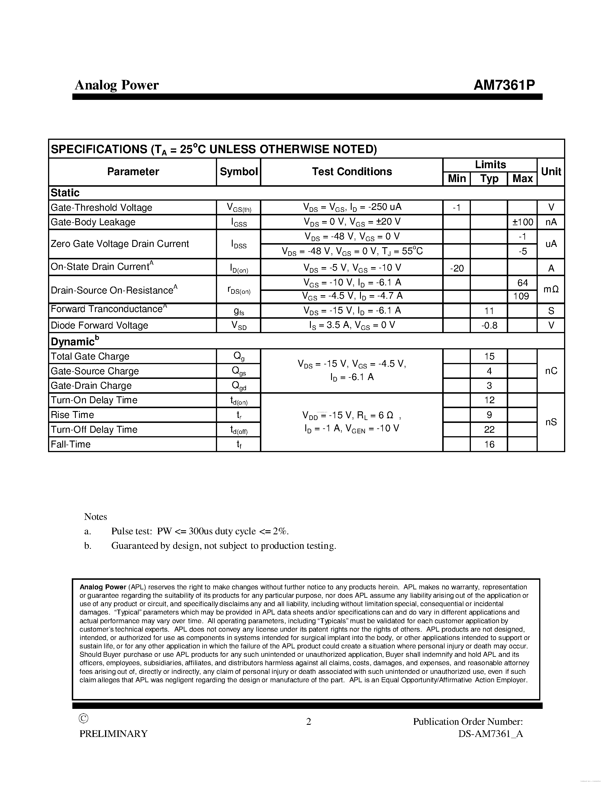 Datasheet AM7361P page 2 Datasheet AM7361P - MOSFET page 2