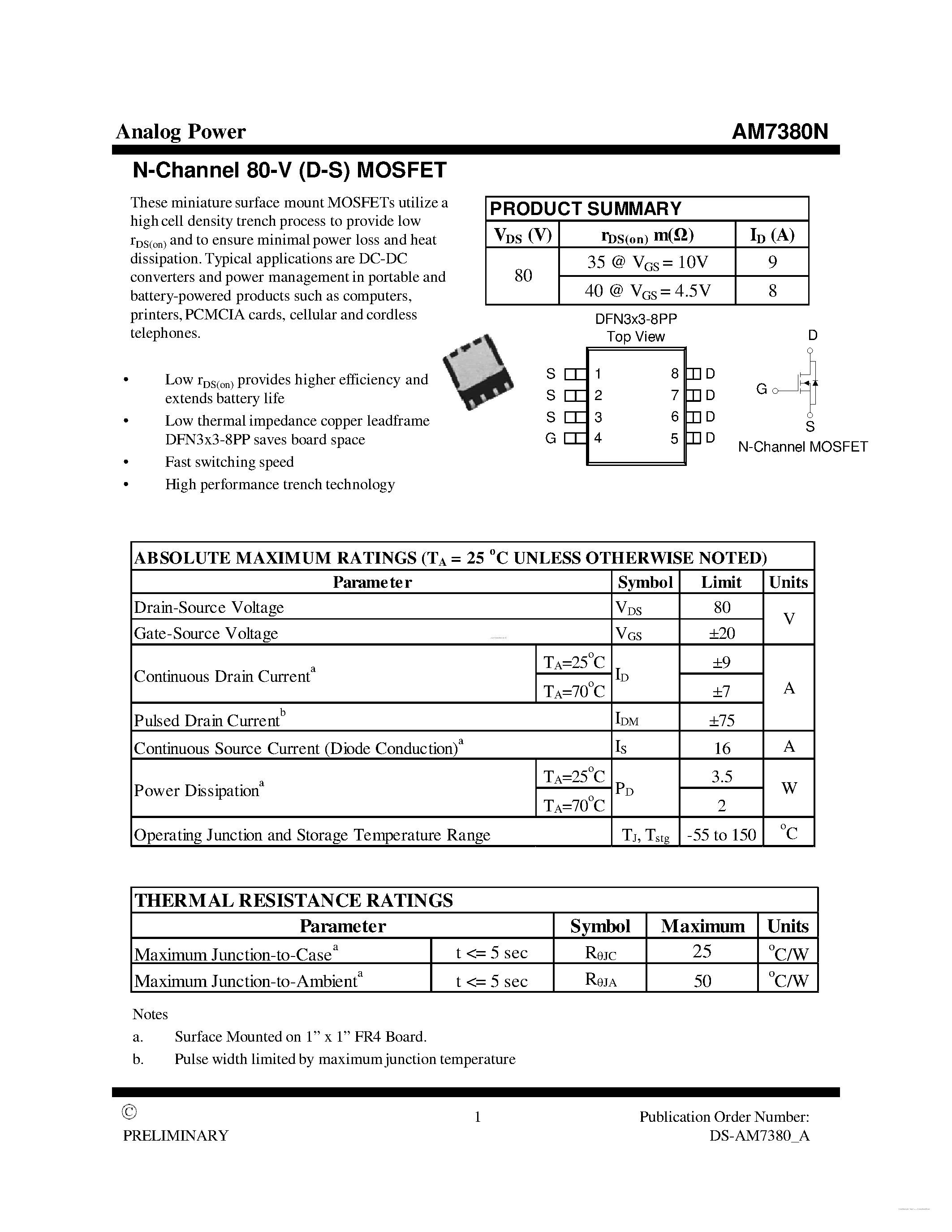 Datasheet AM7380N page 1 Datasheet AM7380N - MOSFET page 1
