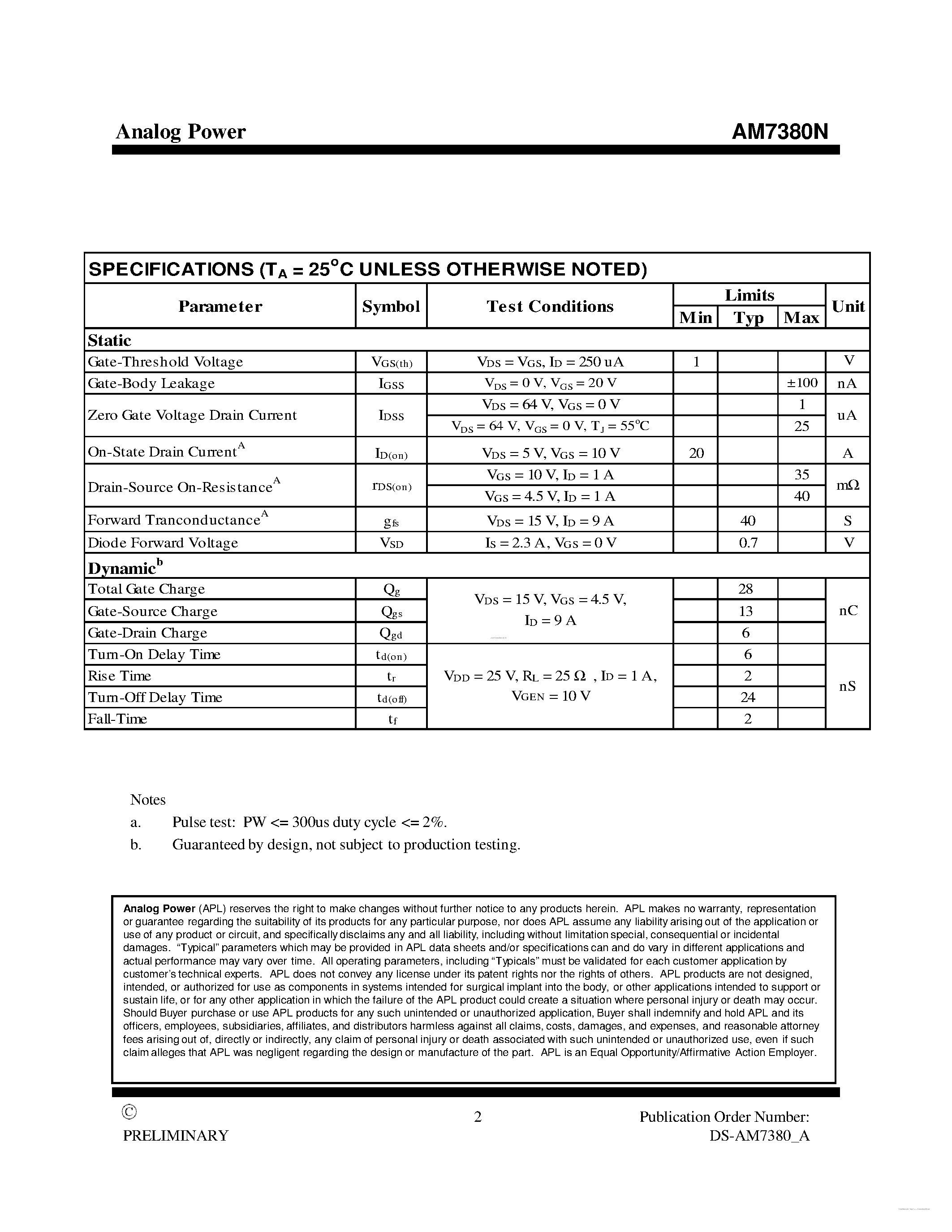 Datasheet AM7380N page 2 Datasheet AM7380N - MOSFET page 2