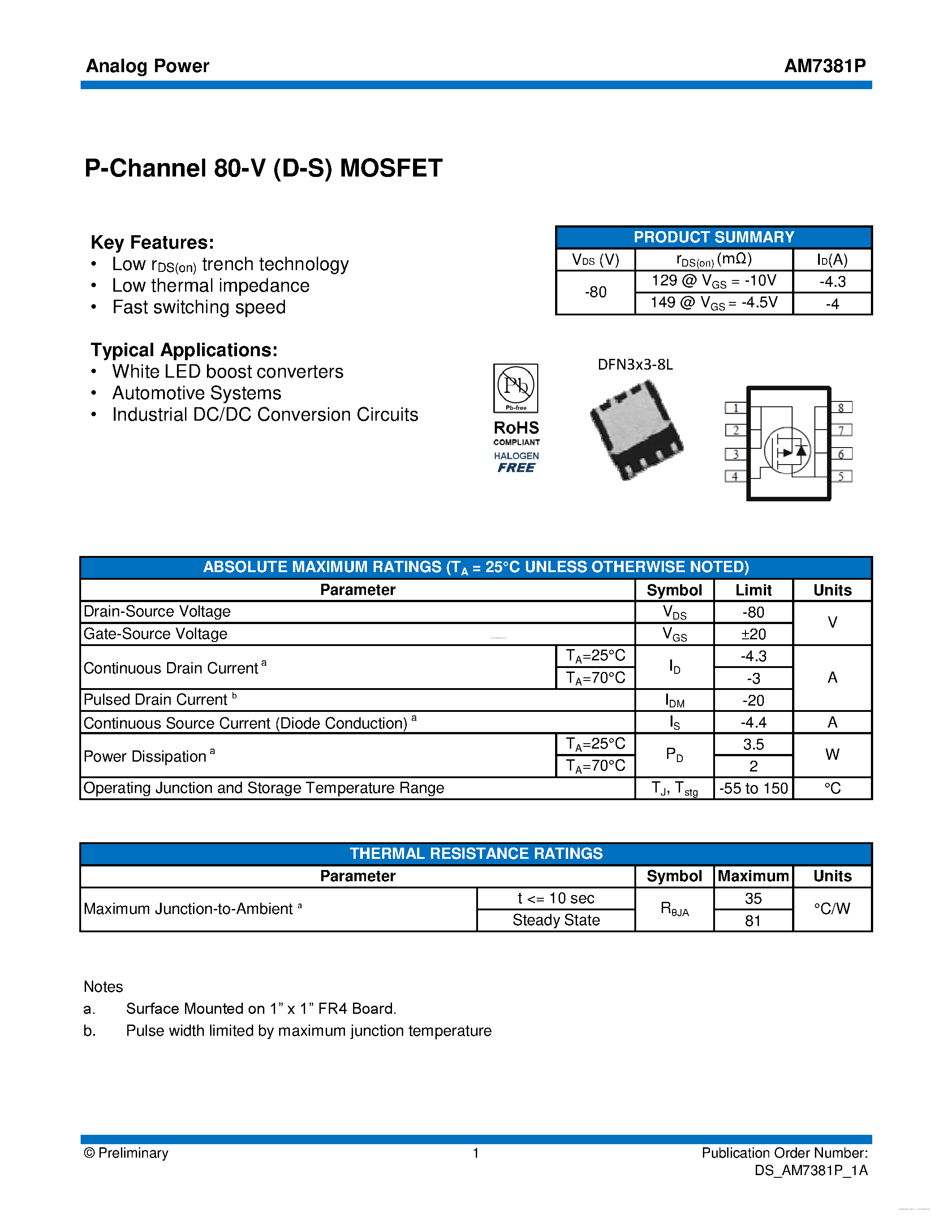 Datasheet AM7381P page 1 Datasheet AM7381P - MOSFET page 1