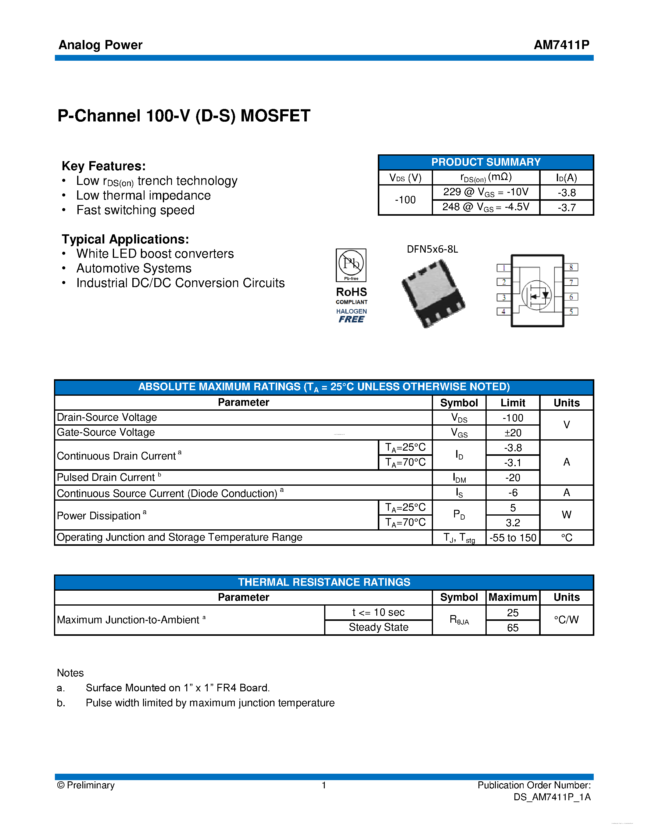 Даташит AM7411P - MOSFET страница 1