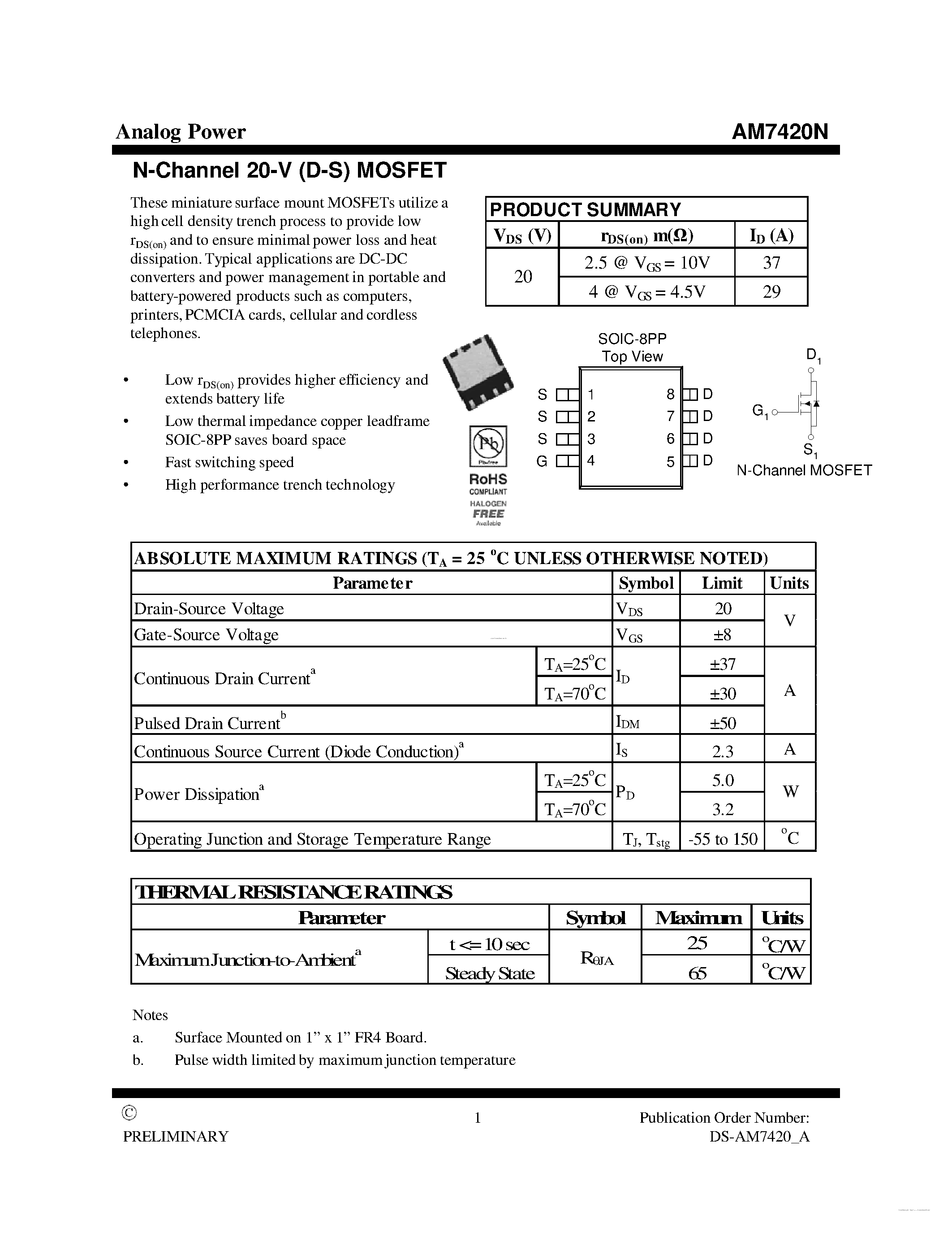 Datasheet AM7420N page 1 Datasheet AM7420N - MOSFET page 1